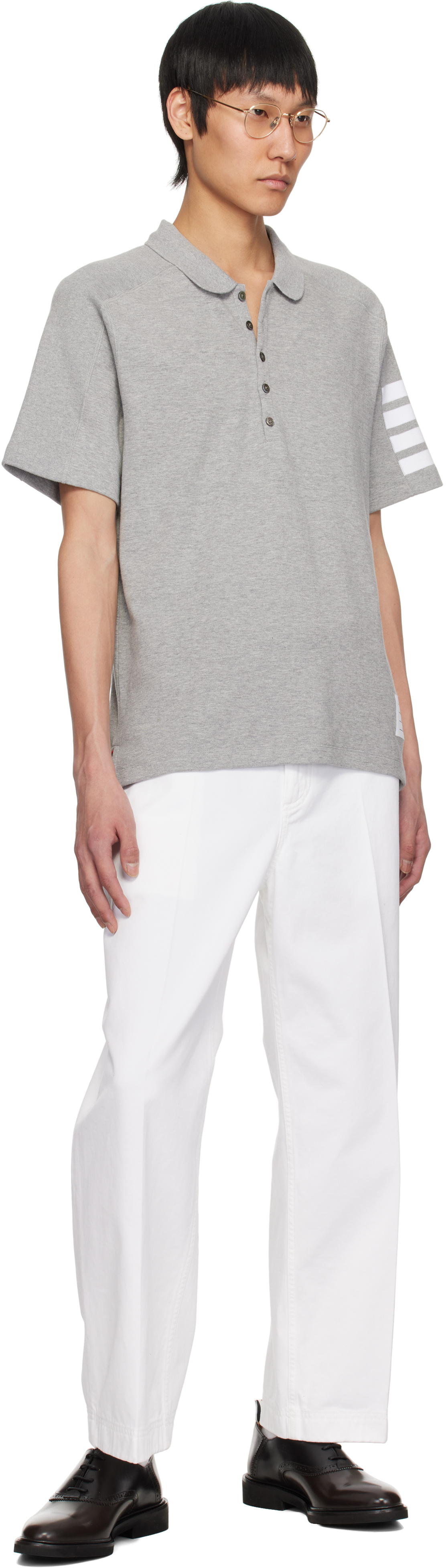 Thom Browne Gray Cotton 4-bar Short Sleeve Polo In 055 Lt Grey