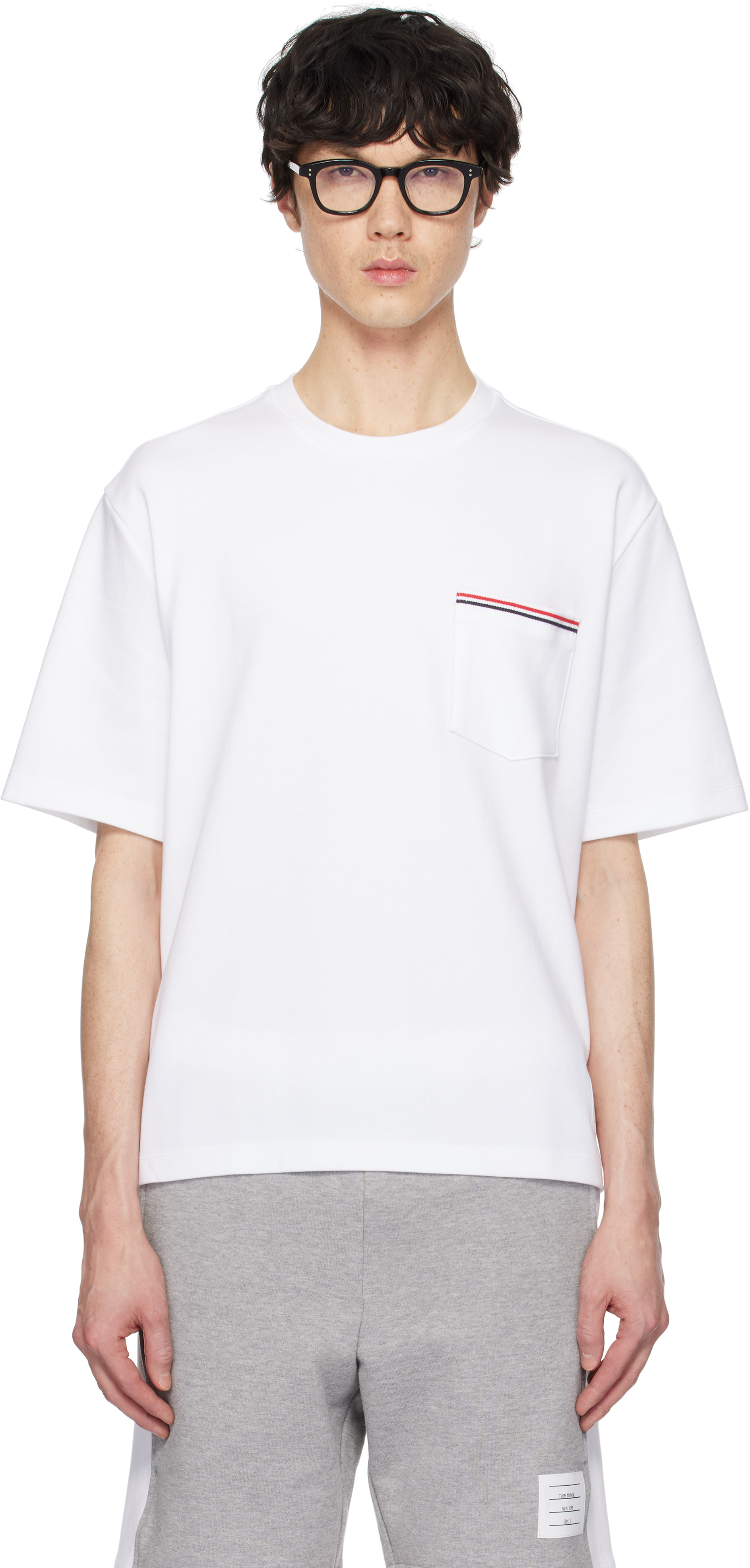 【THOM BROWNE】Oversized pocket short sleeve T-shirt Thom Browne: White Oversized Short Sleeve Pocket T-shirt