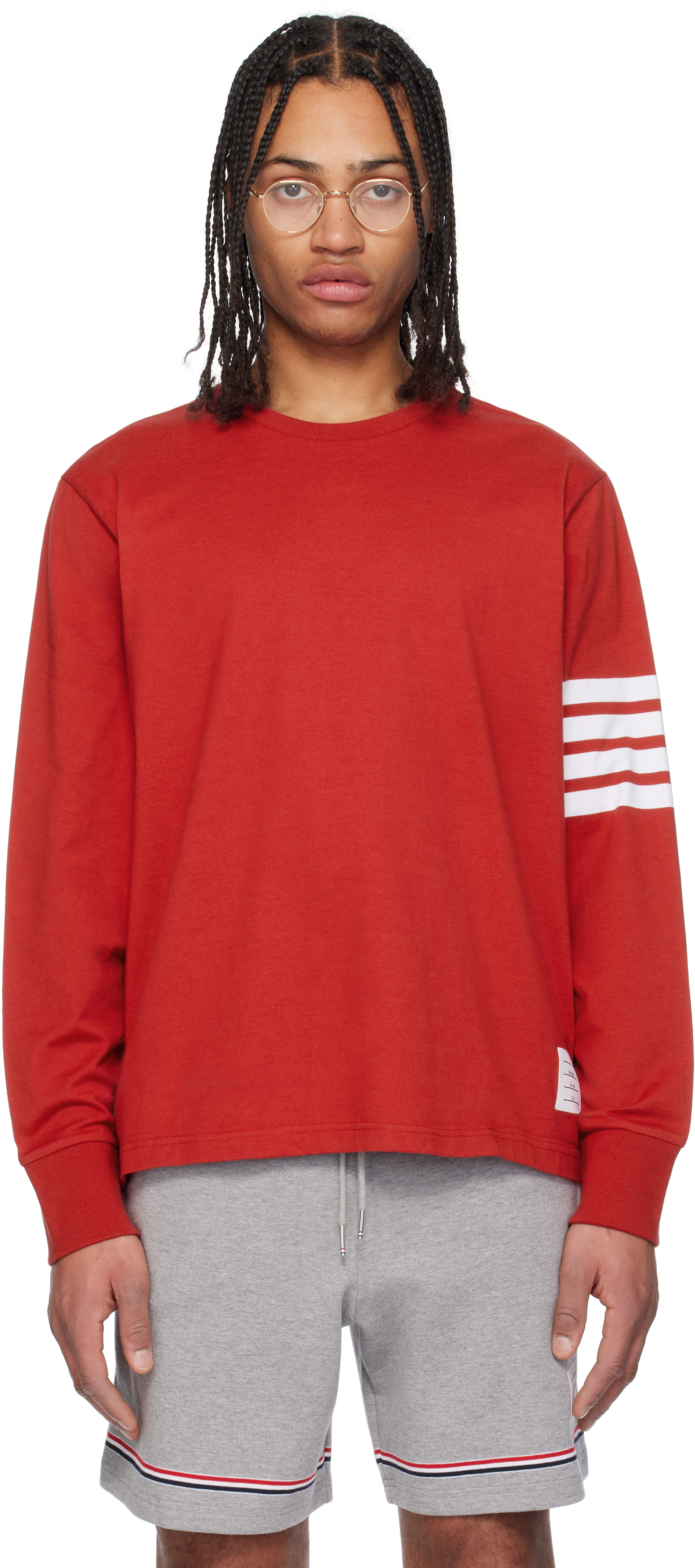 Thom Browne: Red 4-Bar Long Sleeve Rugby T-shirt | SSENSE Thom Browne: Red 4-Bar Long Sleeve Rugby T-shirt | SSENSE