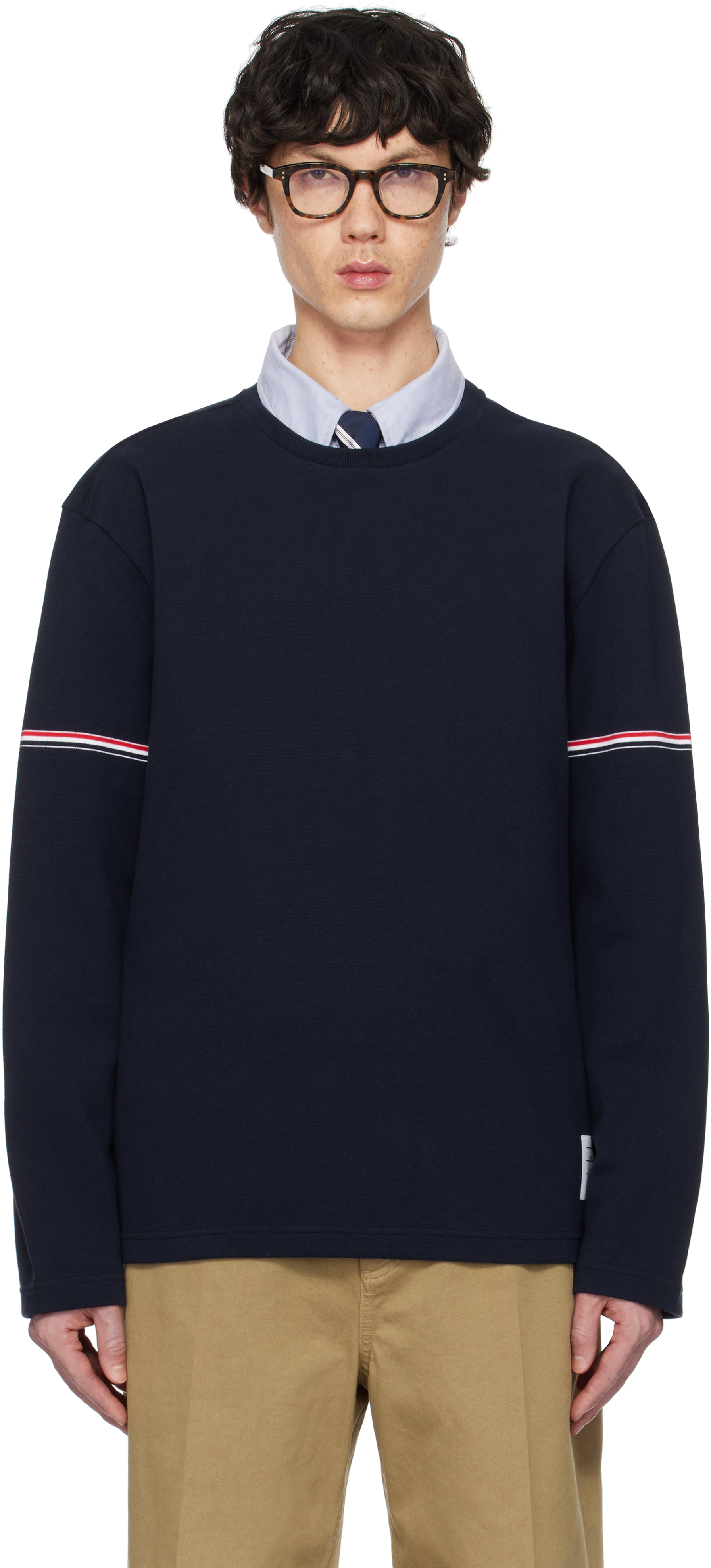 【関税込み】Thom Browne ネイビー Rugby コットン 長袖Tシャツ Thom Browneのネイビー Rugby コットン 長袖Tシャツがセール中