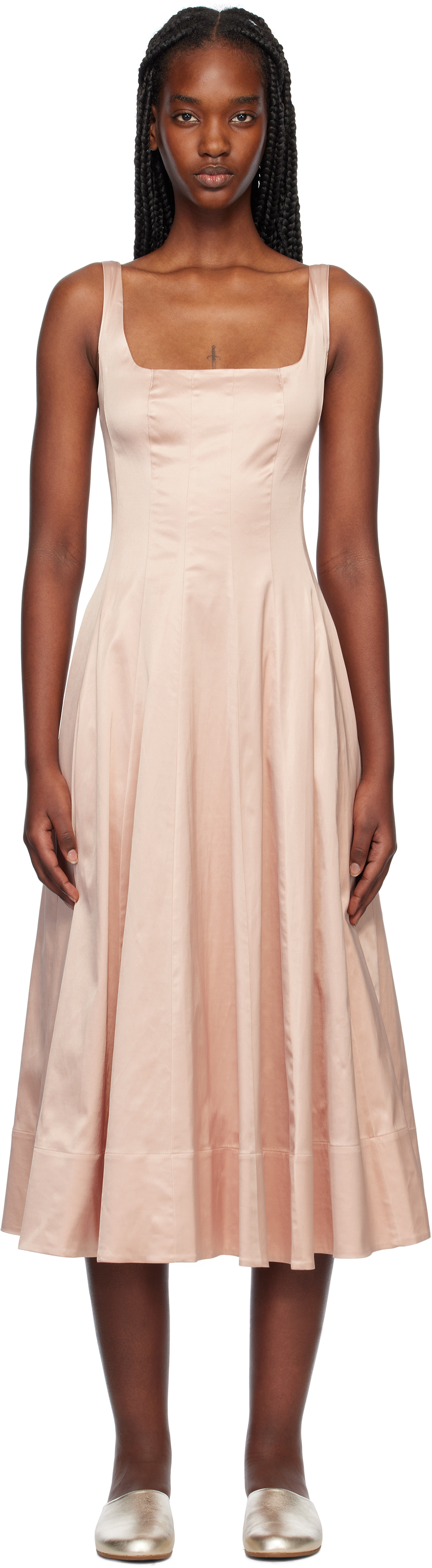 Staud Wells Pleated Satin Midi Dress In Bllt Ballet
