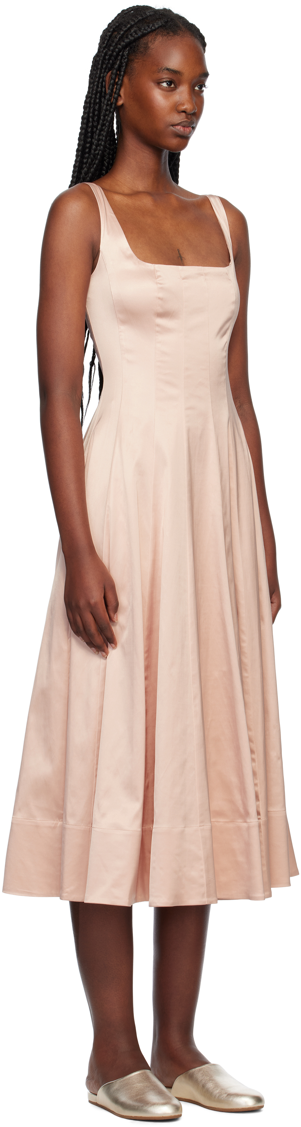 Staud Wells Pleated Satin Midi Dress In Bllt Ballet