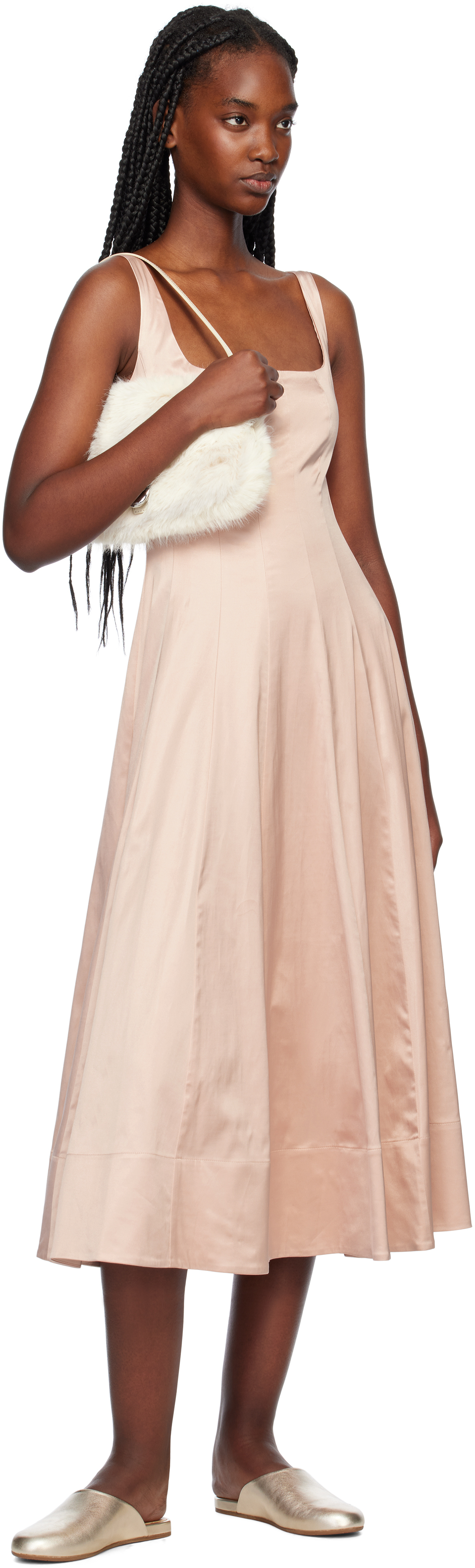 Staud Wells Pleated Satin Midi Dress In Bllt Ballet