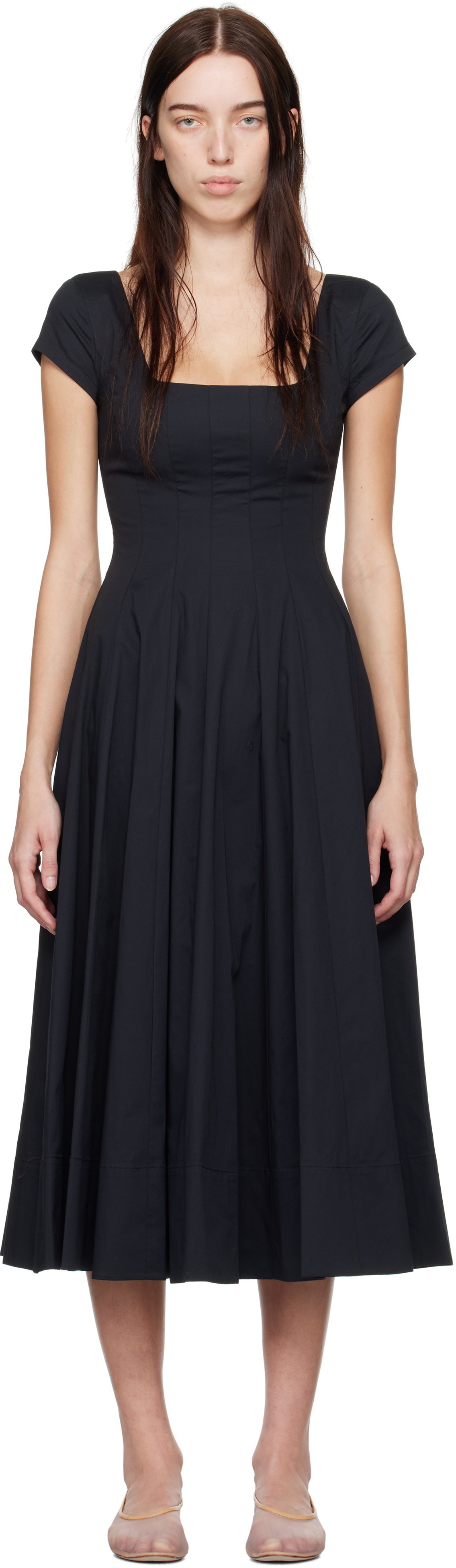 Shop Staud Black Short Sleeve Wells Midi Dress In Blk Black