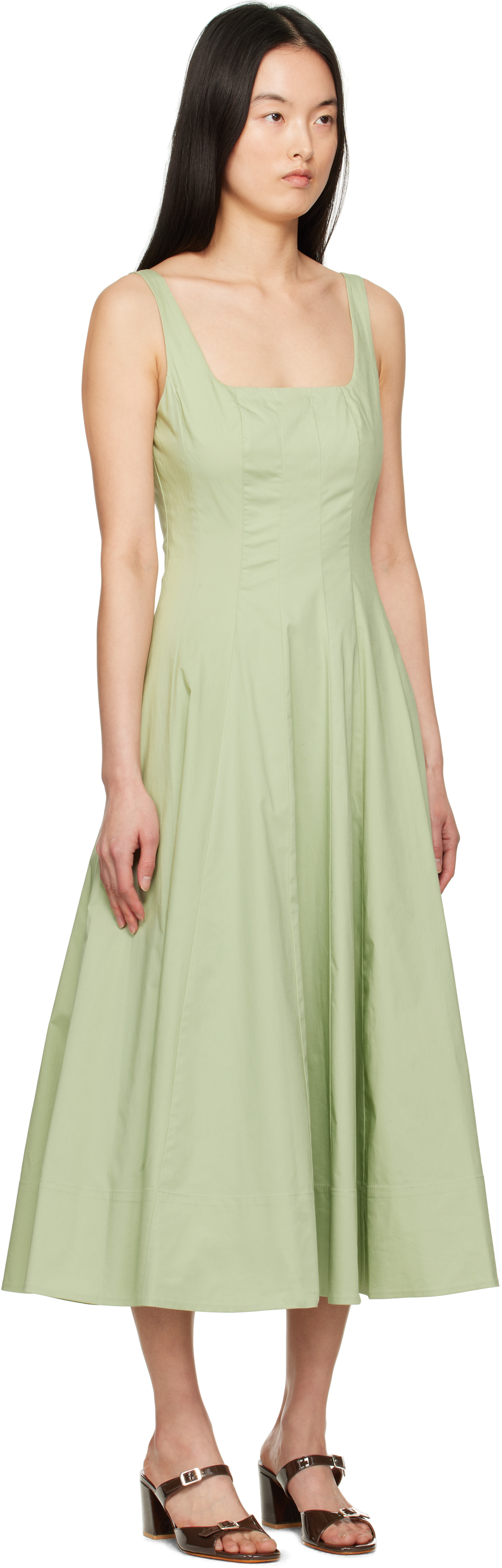 Staud Wells Pleated Cotton-blend Poplin Midi Dress In Pajd Pale Jade