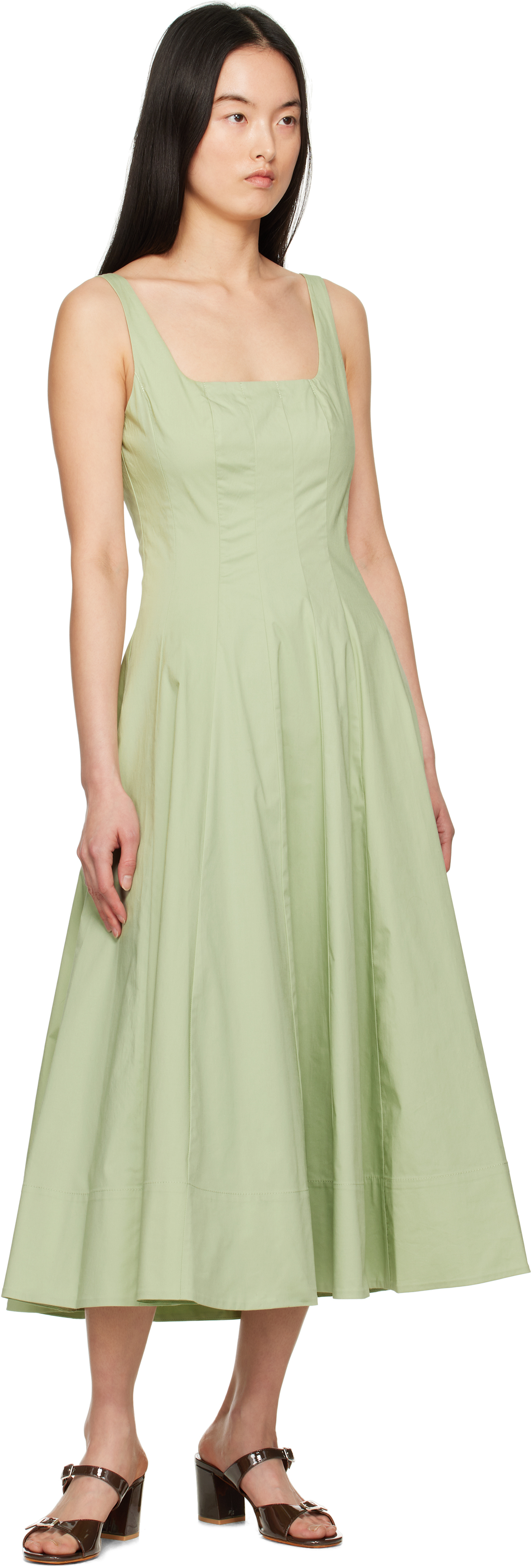 Staud Wells Pleated Cotton-blend Poplin Midi Dress In Pajd Pale Jade