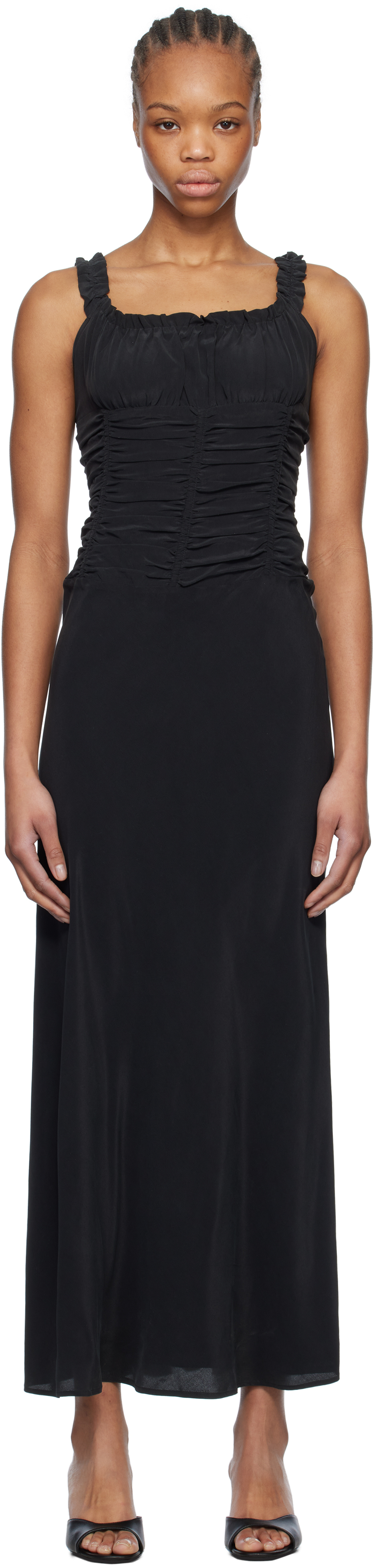 Staud Nic Ruched Washed-silk Maxi Dress In Blk Black