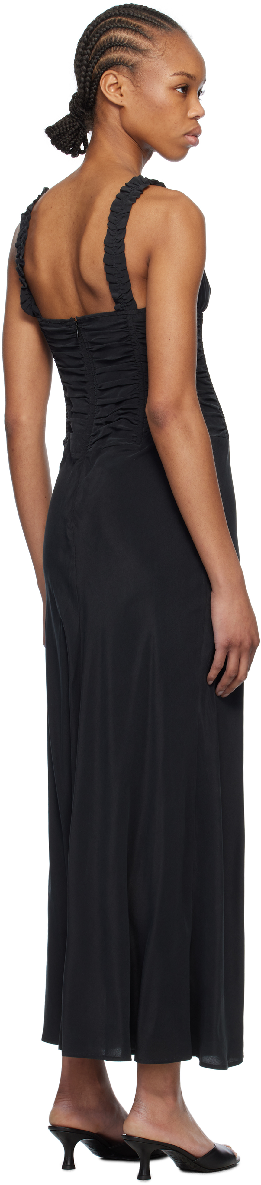 Staud Nic Ruched Washed-silk Maxi Dress In Blk Black