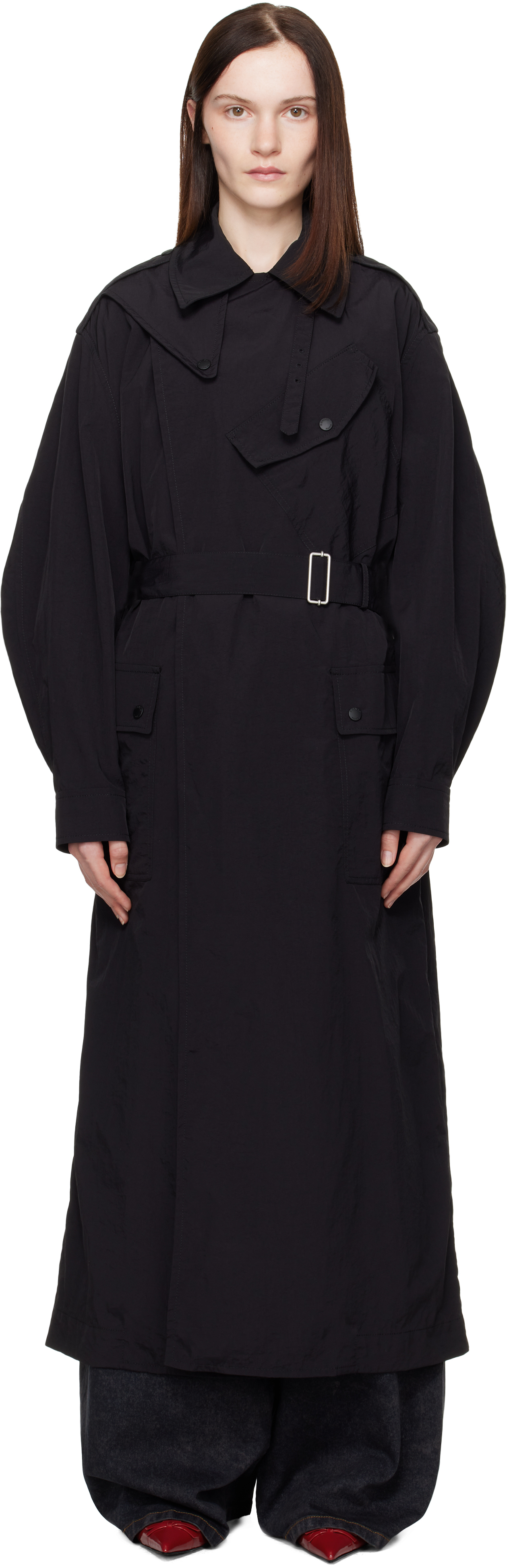 Black Kenzo Paris Kimono Sleeves Long Trench Coat