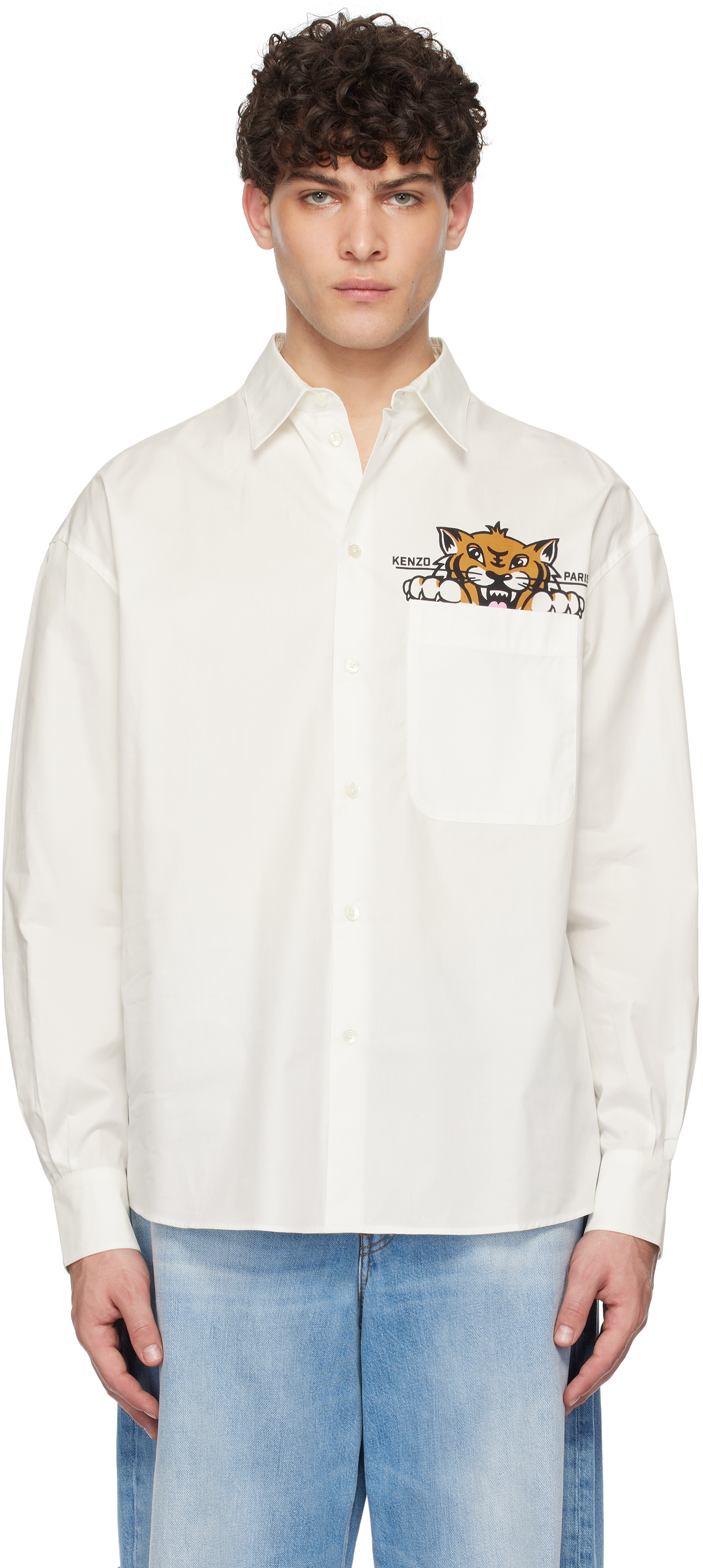 White Kenzo Paris Happy Tiger Pocket Casual Shirt