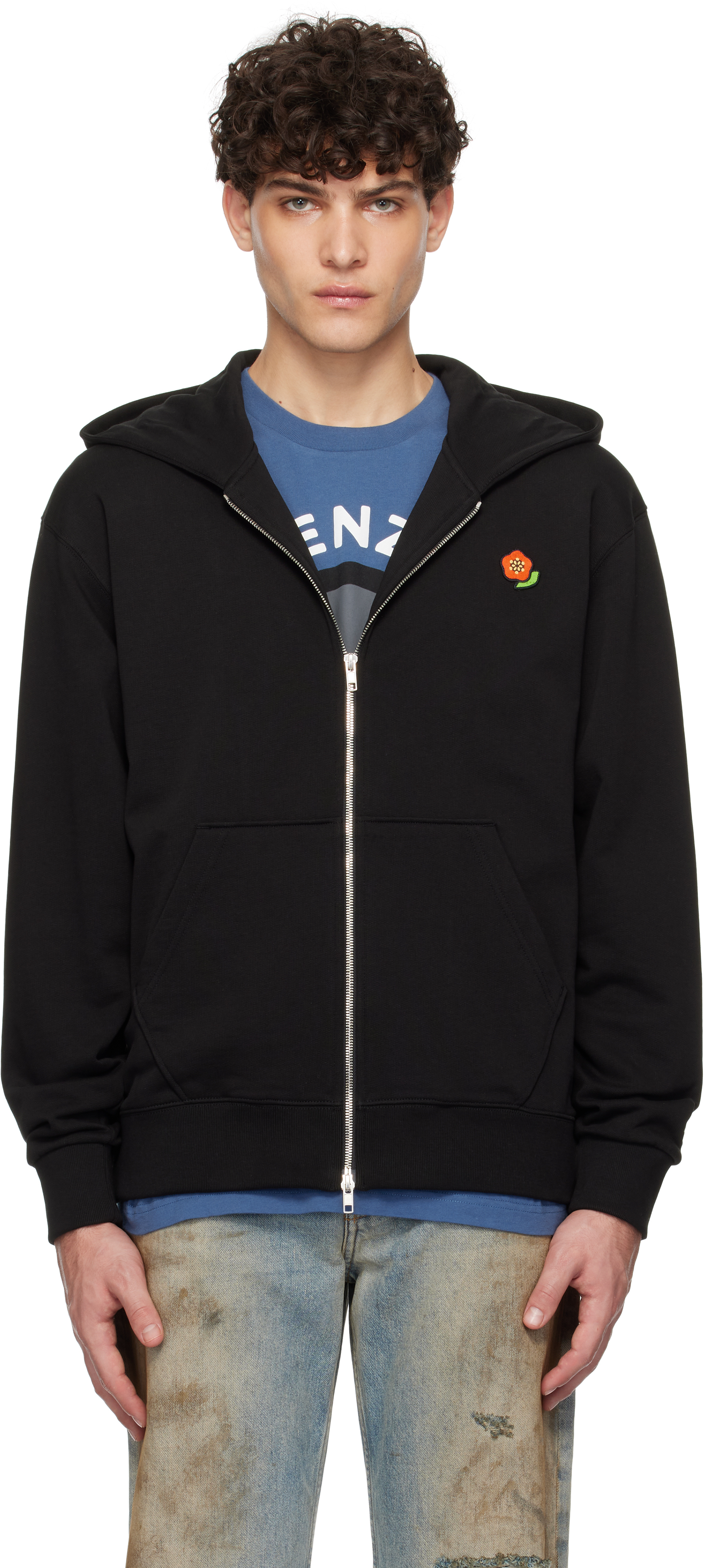 Black Kenzo Paris Pop Embroidered Zipped Hoodie