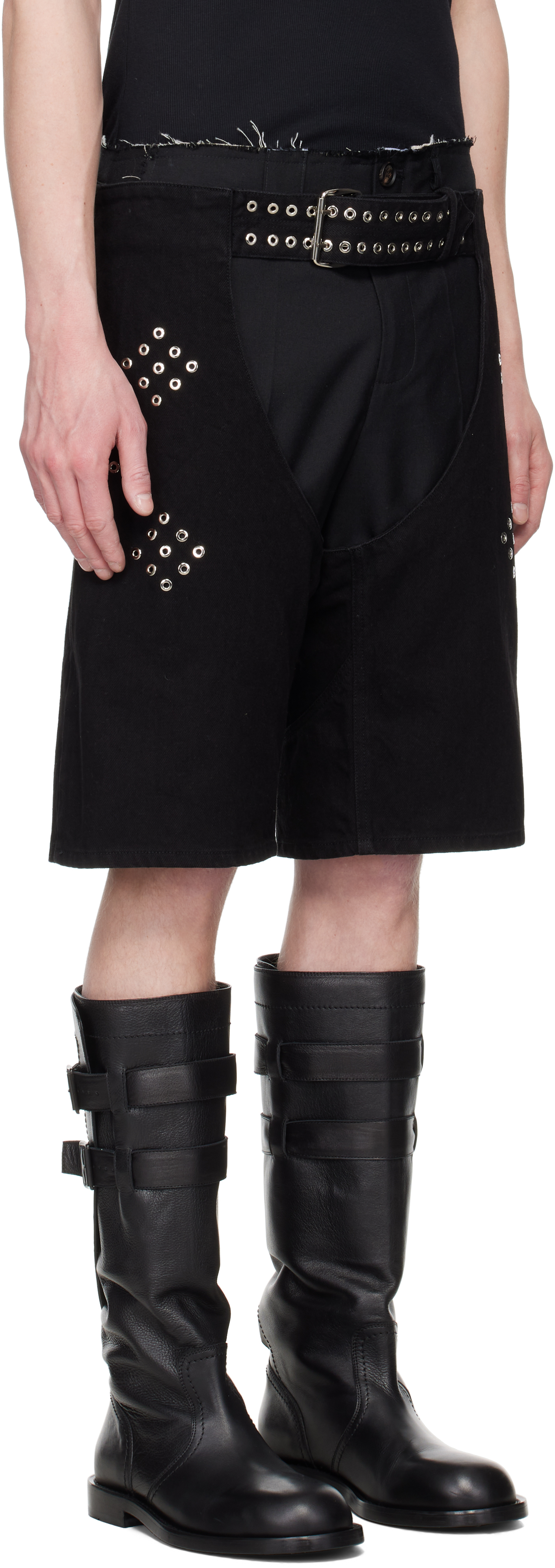 LUDOVIC DE SAINT SERNIN BLACK CHAPS DENIM SHORTS 