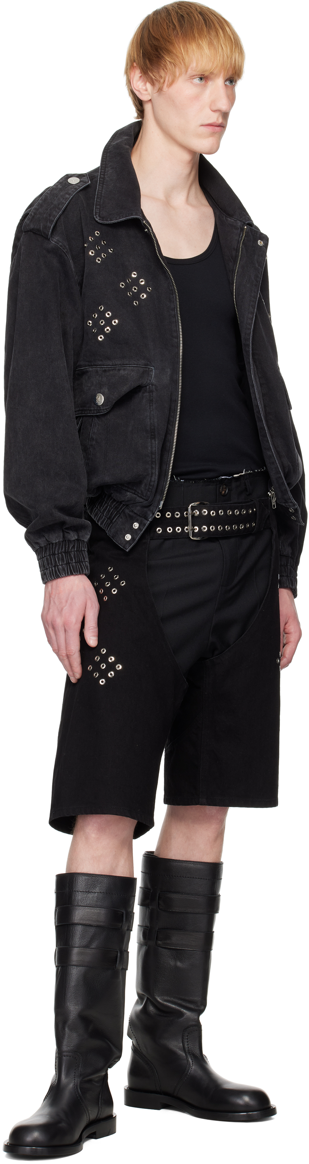 LUDOVIC DE SAINT SERNIN BLACK CHAPS DENIM SHORTS 
