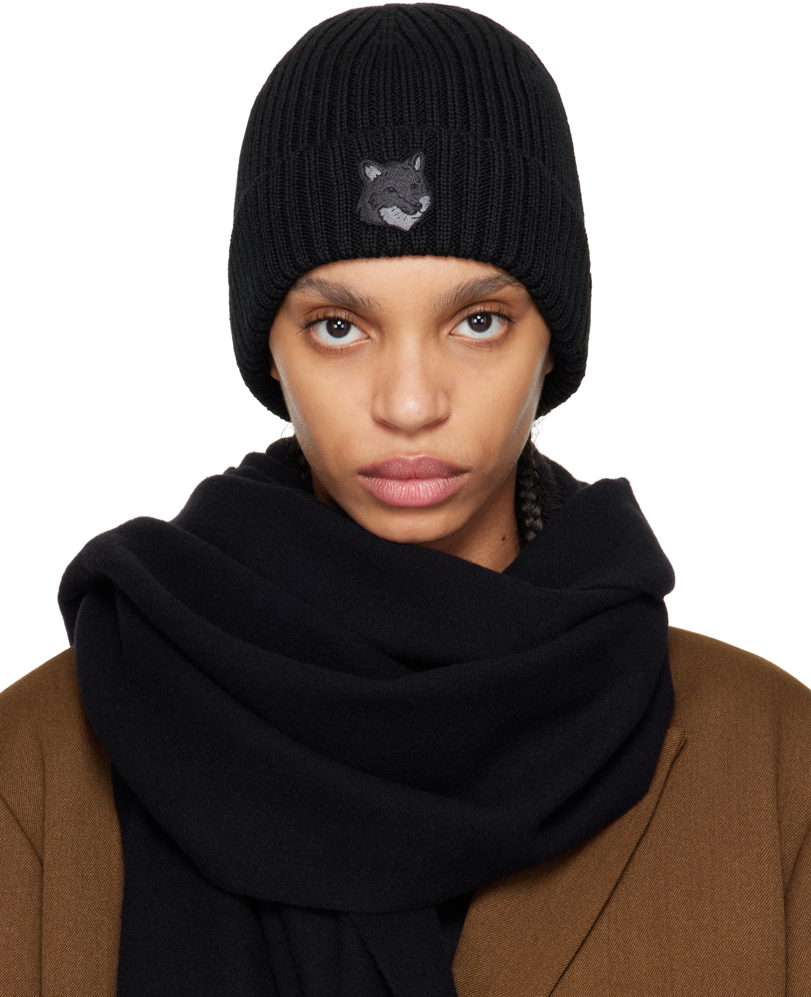 Maison Kitsuné Black Fox Head Beanie In P199 Black