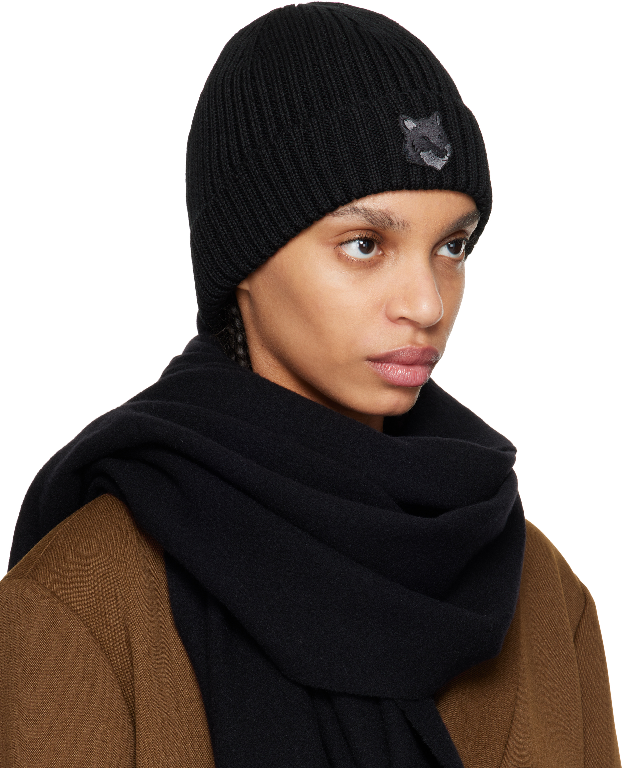 Maison Kitsuné Black Fox Head Beanie In P199 Black