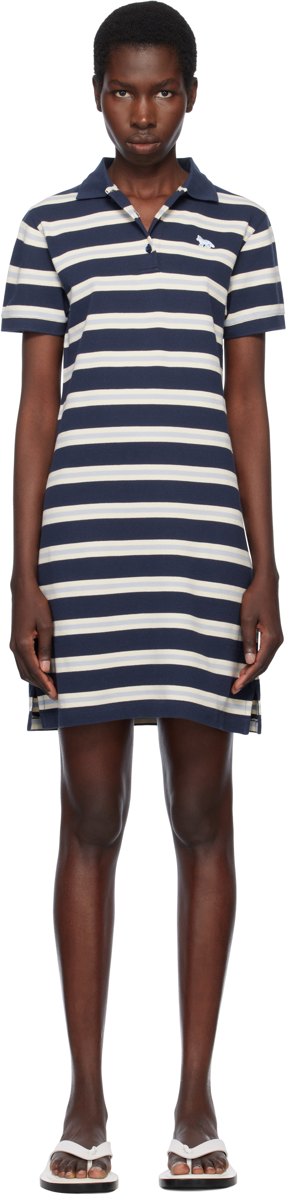 Maison Kitsuné Navy Baby Fox Patch Multi Stripes Polo Minidress