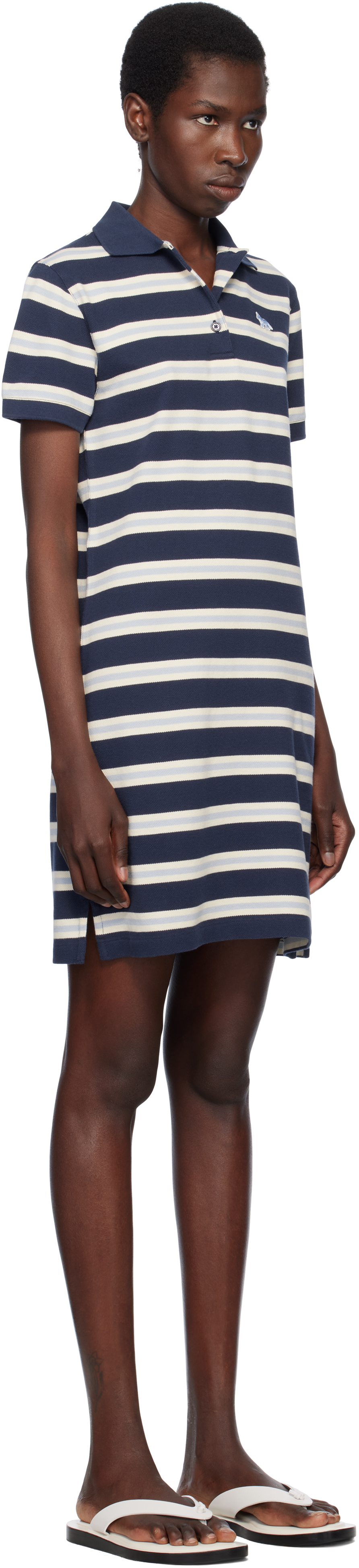 Shop Maison Kitsuné Navy Baby Fox Patch Multi Stripes Polo Minidress