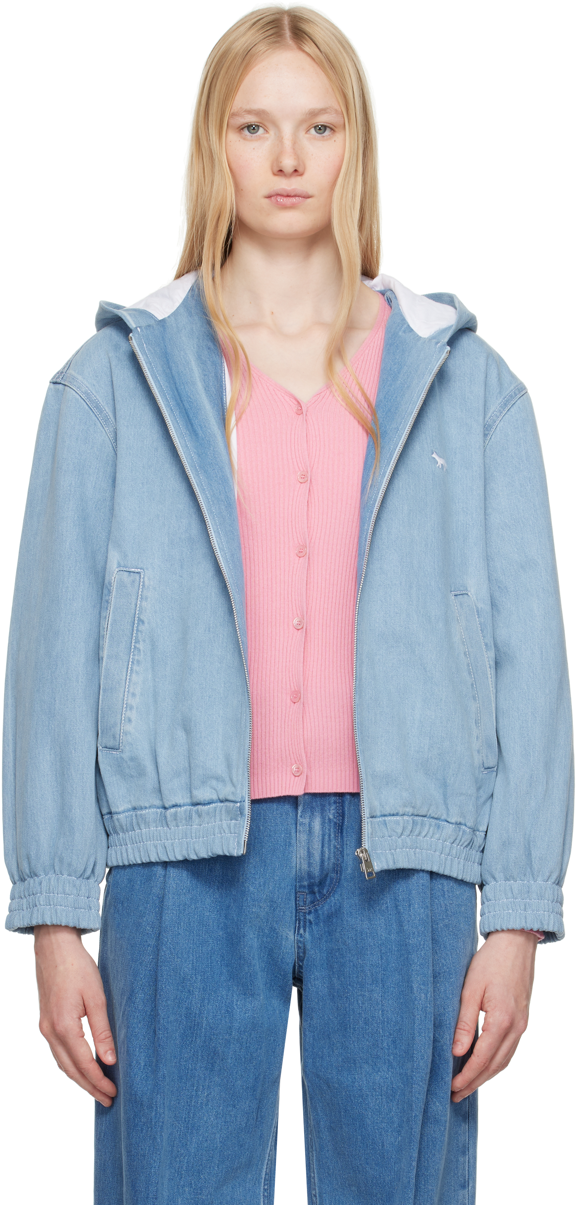 Maison Kitsuné Blue Zipped Hooded Denim Jacket
