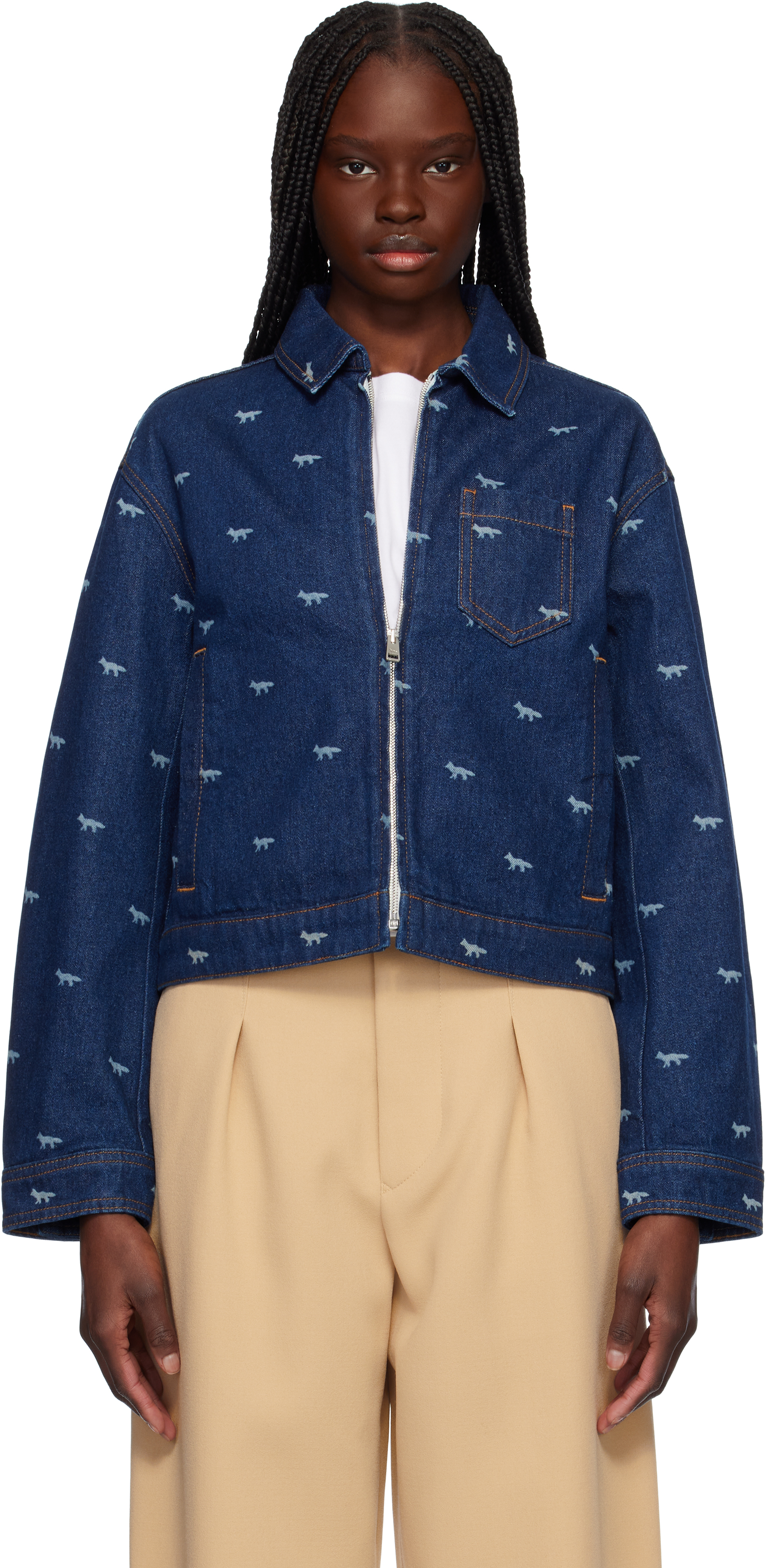 Shop Maison Kitsuné Navy Zipped Cropped Denim Jacket In 0202 Dark Laser Prof