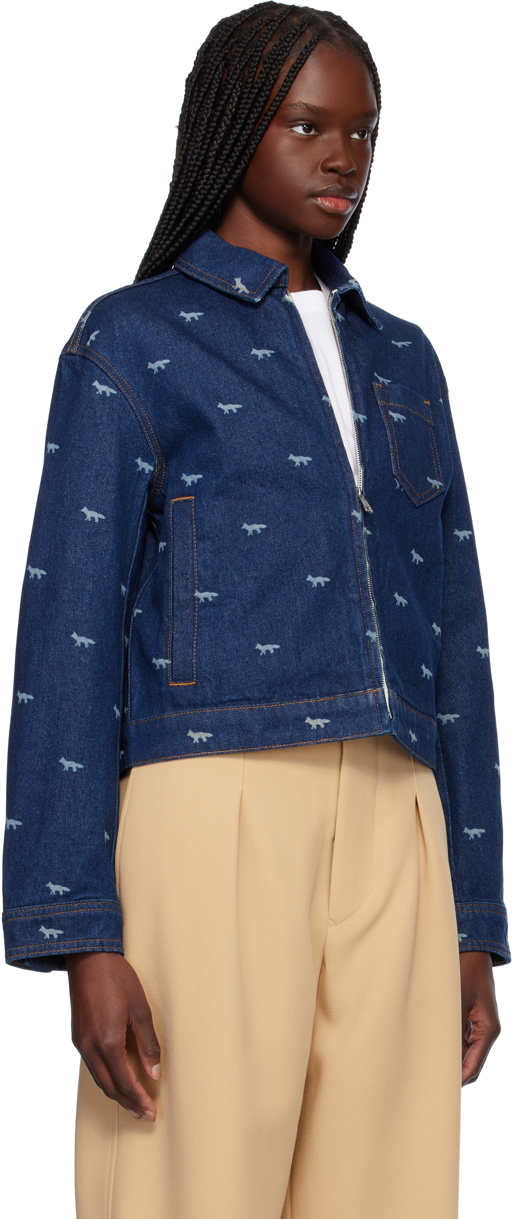 Shop Maison Kitsuné Navy Zipped Cropped Denim Jacket In 0202 Dark Laser Prof