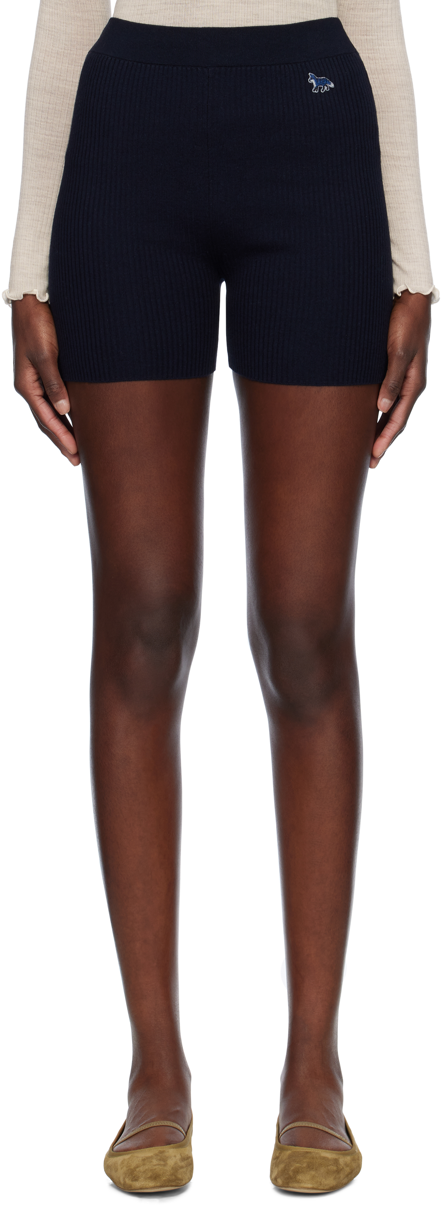 MAISON KITSUNÉ NAVY BABY FOX PATCH FINE RIBBED SHORTS 