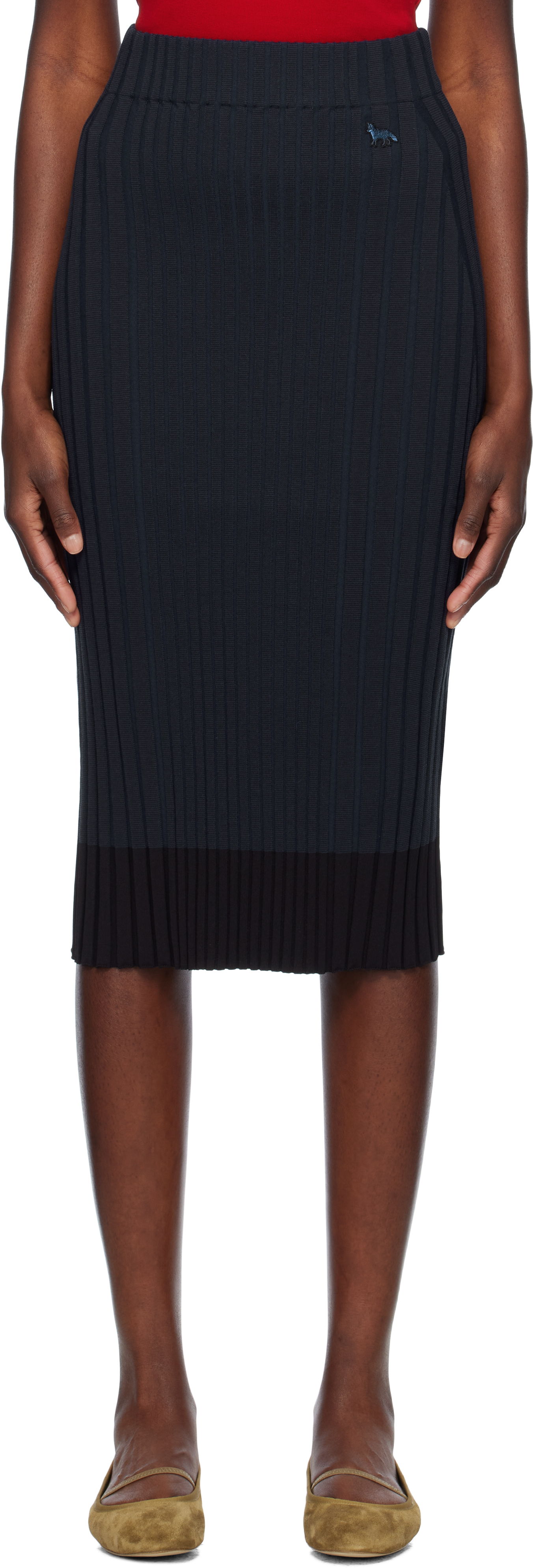 Shop Maison Kitsuné Navy Baby Fox Patch Ribbed Midi Skirt In P476 Ink Blue