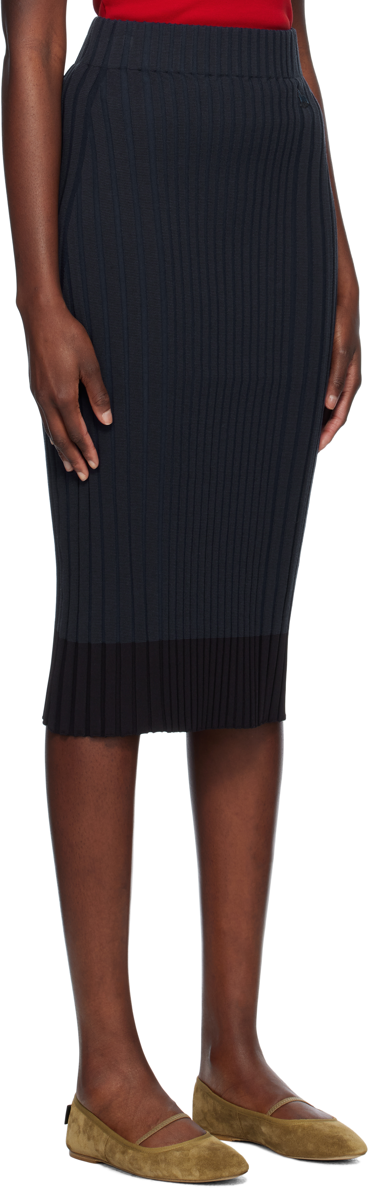 Shop Maison Kitsuné Navy Baby Fox Patch Ribbed Midi Skirt In P476 Ink Blue