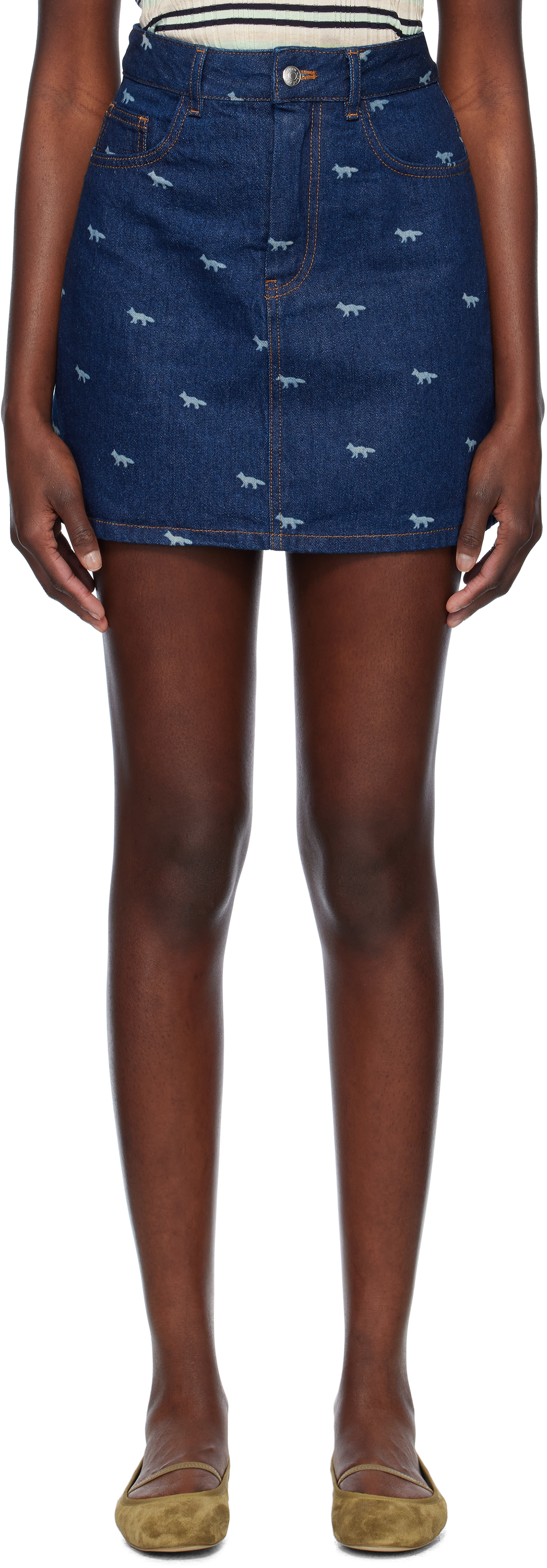 Shop Maison Kitsuné Blue Laser-printed Denim Miniskirt In 0202 Dark Laser Prof