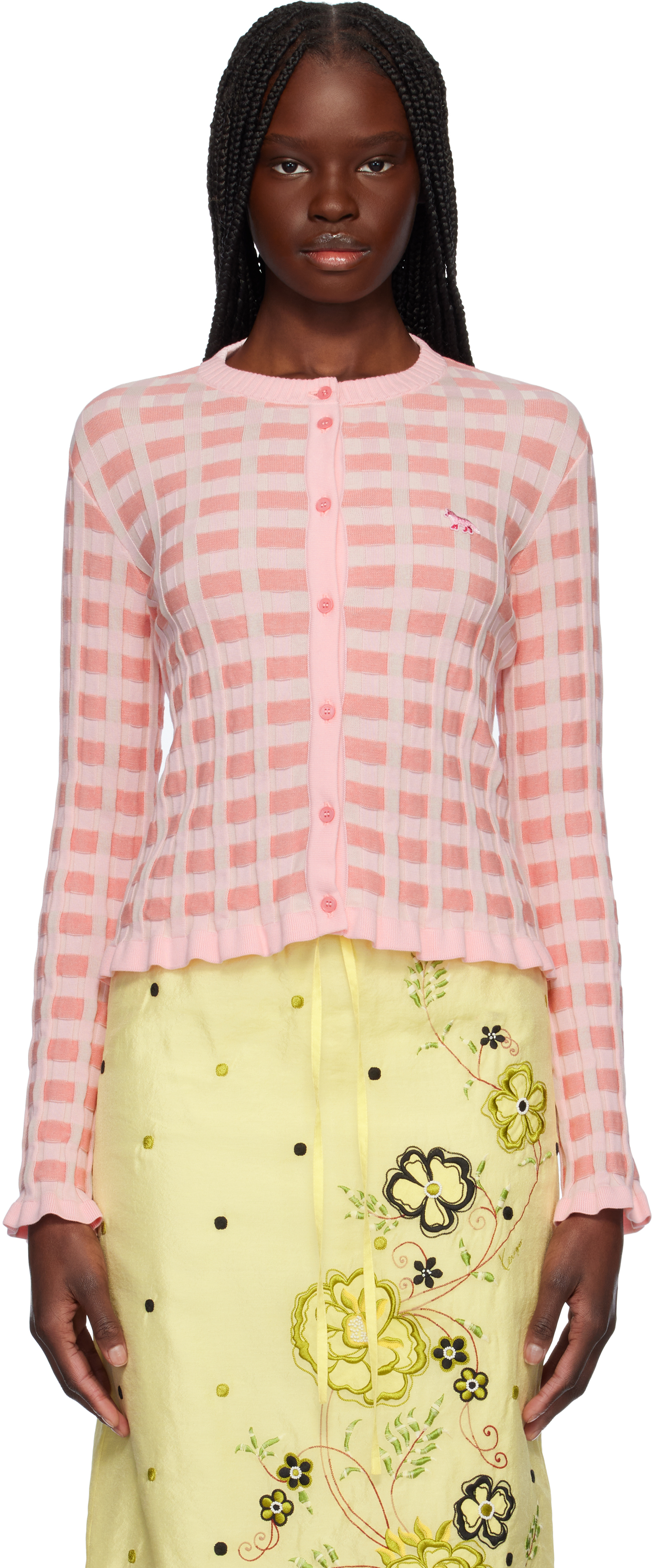 Shop Maison Kitsuné Pink Checked Ribbed Cardigan In 0139 Fraise
