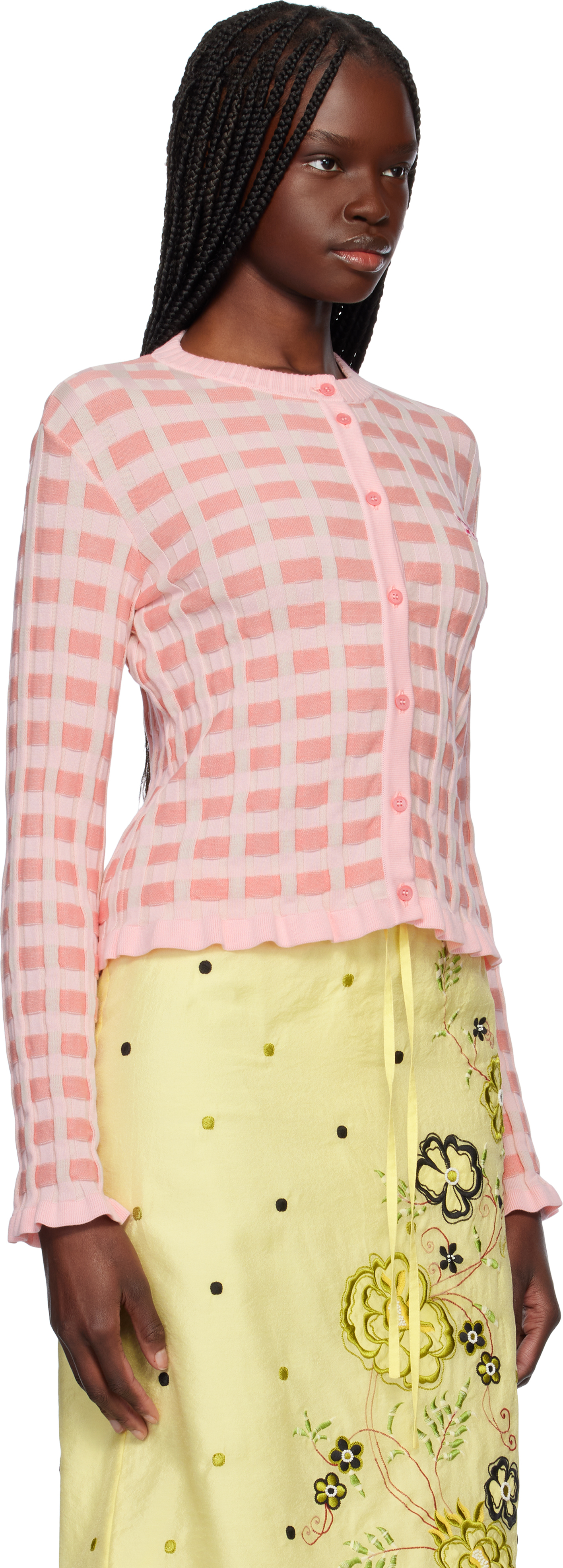 Shop Maison Kitsuné Pink Checked Ribbed Cardigan In 0139 Fraise