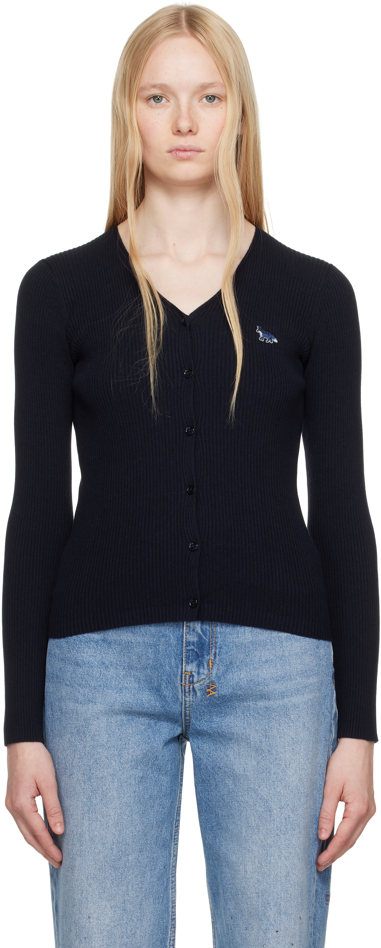 Navy Baby Fox Patch Fine Ribbed Cardigan by Maison Kitsuné on Sale