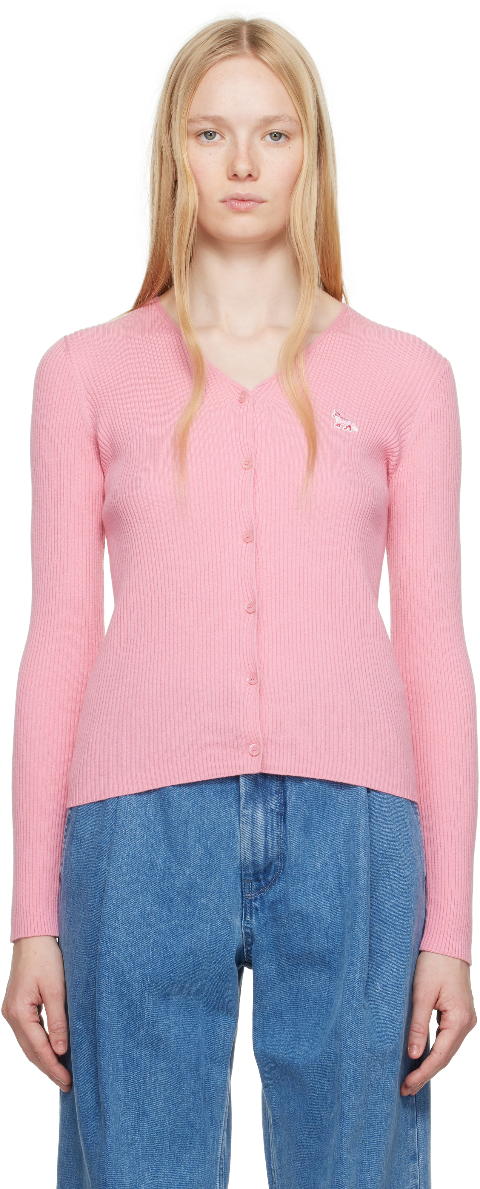 Pink Baby Fox Patch Fine Ribbed Cardigan by Maison Kitsuné