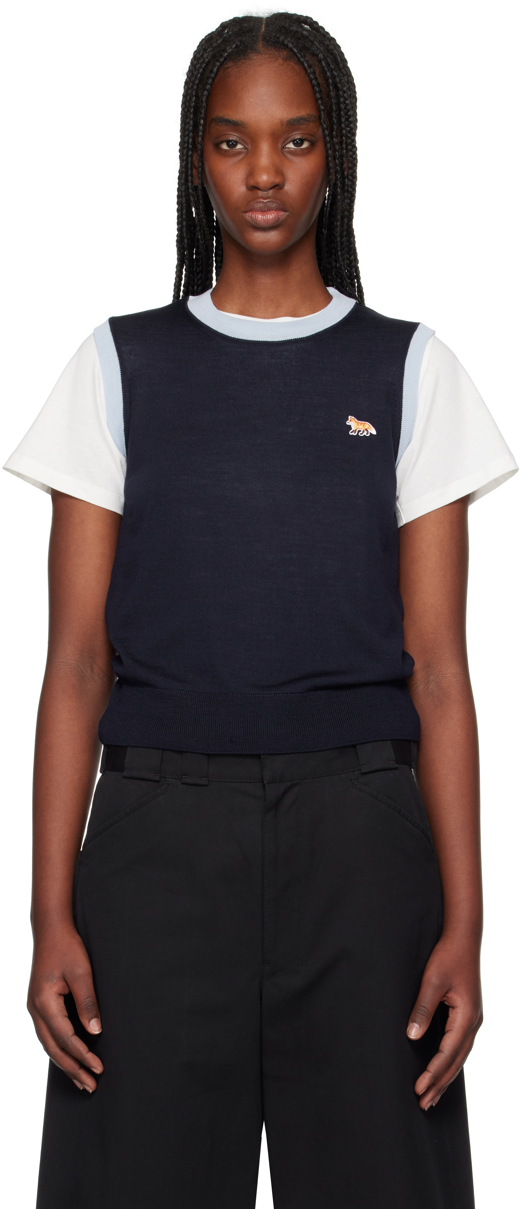 Shop Maison Kitsuné Navy Baby Fox Patch Bi-color Knitted Tank Top In P480 Navy