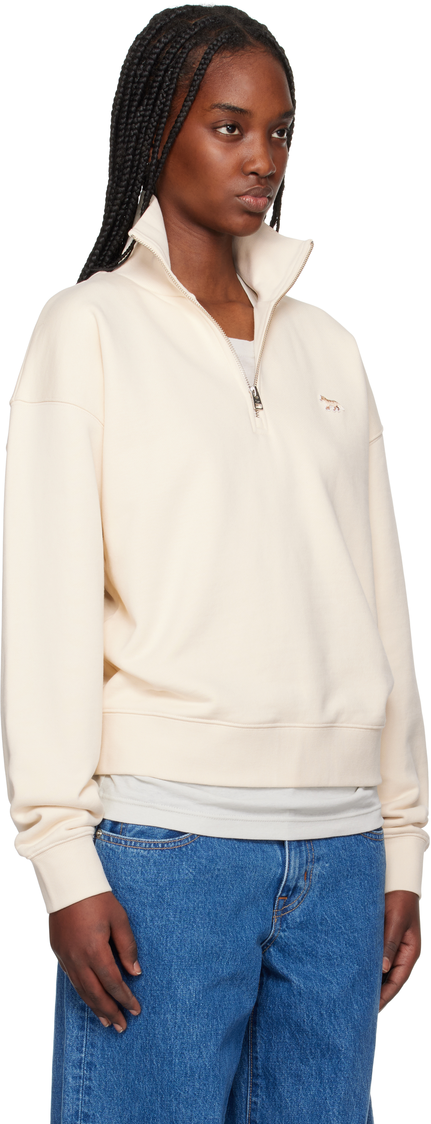 MAISON KITSUNÉ BEIGE BABY FOX PATCH HALF ZIP SWEATSHIRT