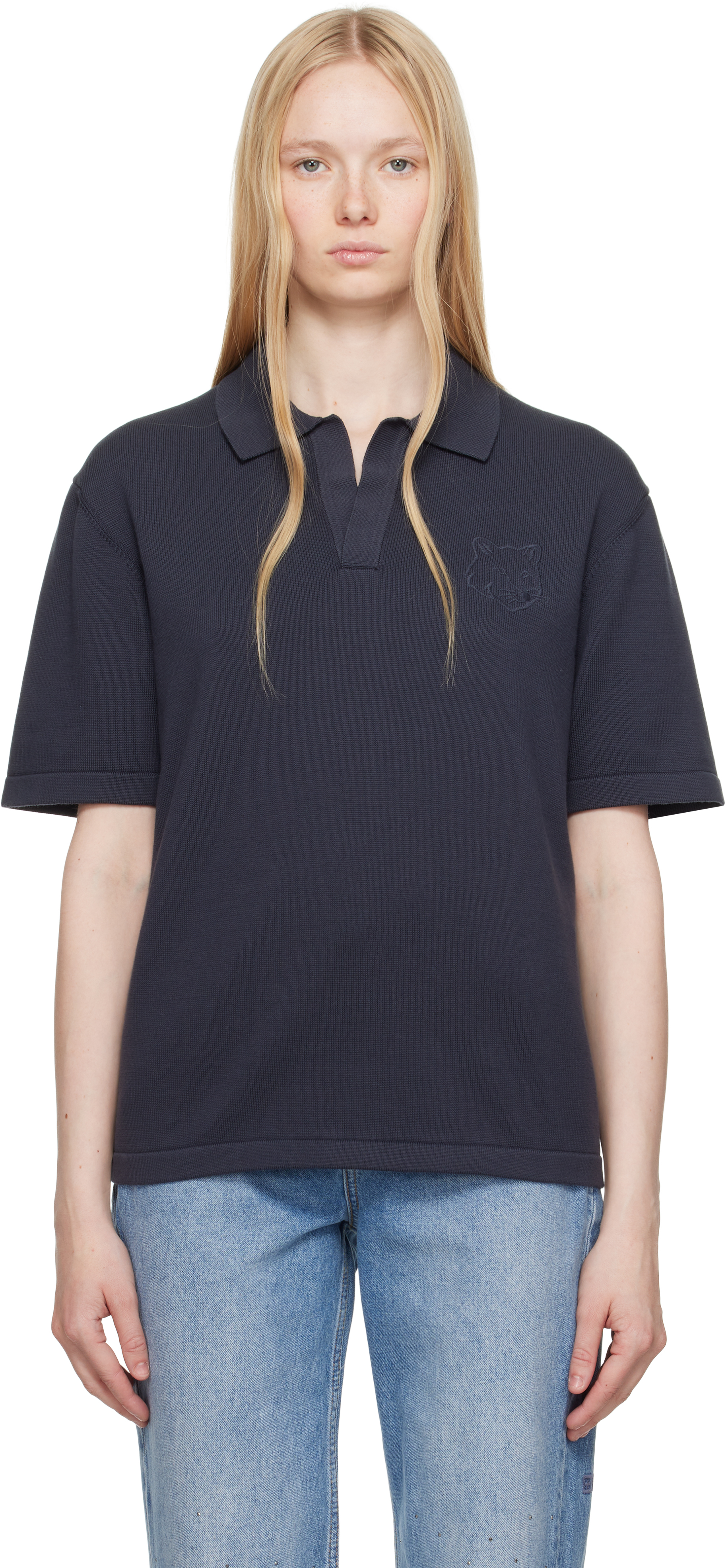 Maison Kitsuné Gray Bold Head Embroidered Knitted Polo