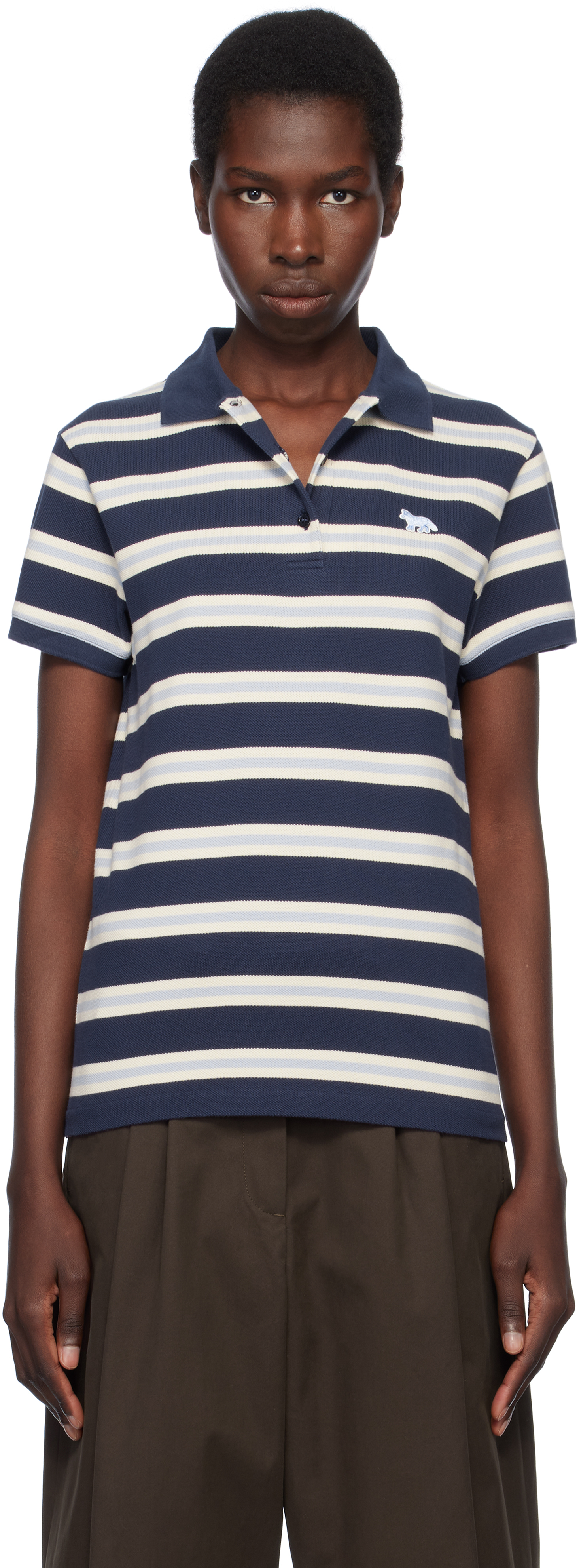 MAISON KITSUNÉ NAVY BABY FOX PATCH MULTI STRIPES POLO