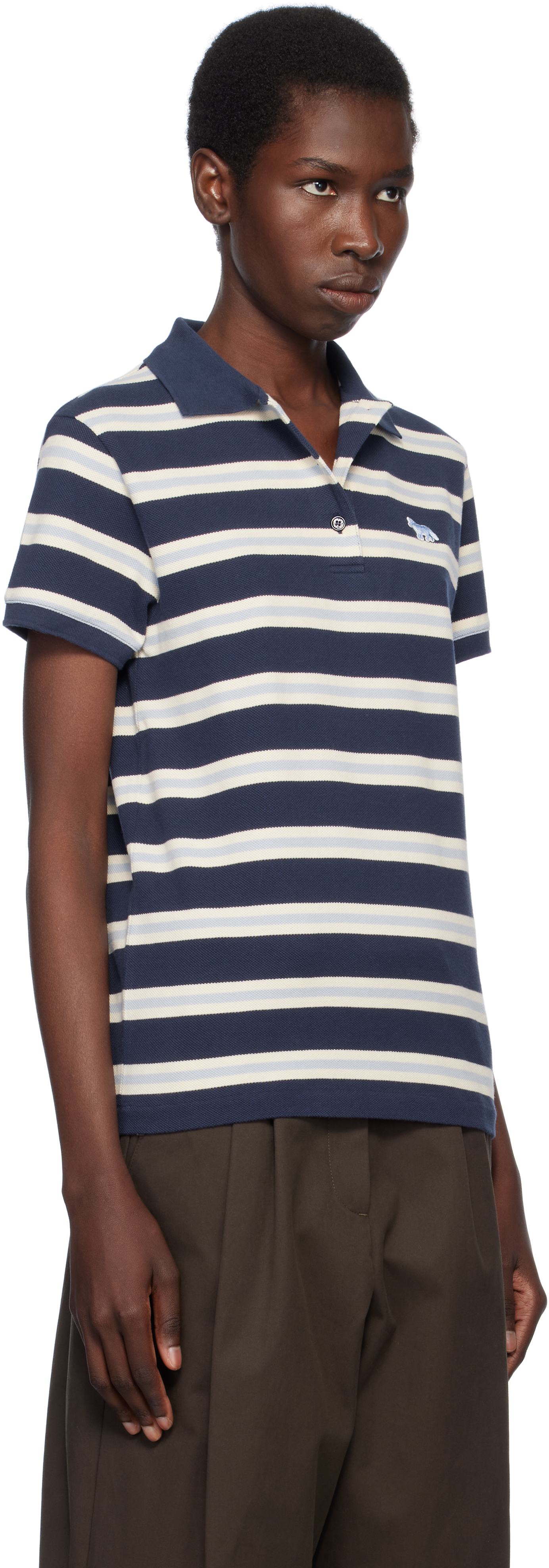 MAISON KITSUNÉ NAVY BABY FOX PATCH MULTI STRIPES POLO