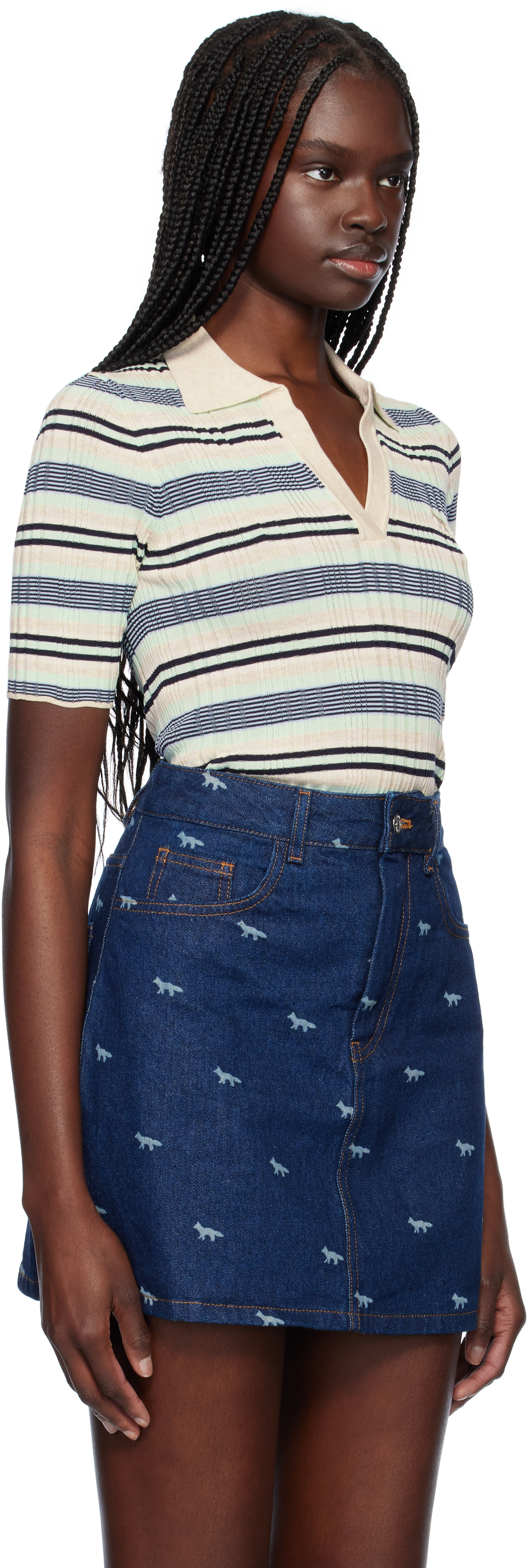MAISON KITSUNÉ BEIGE & BLUE FINE RIB STRIPED POLO