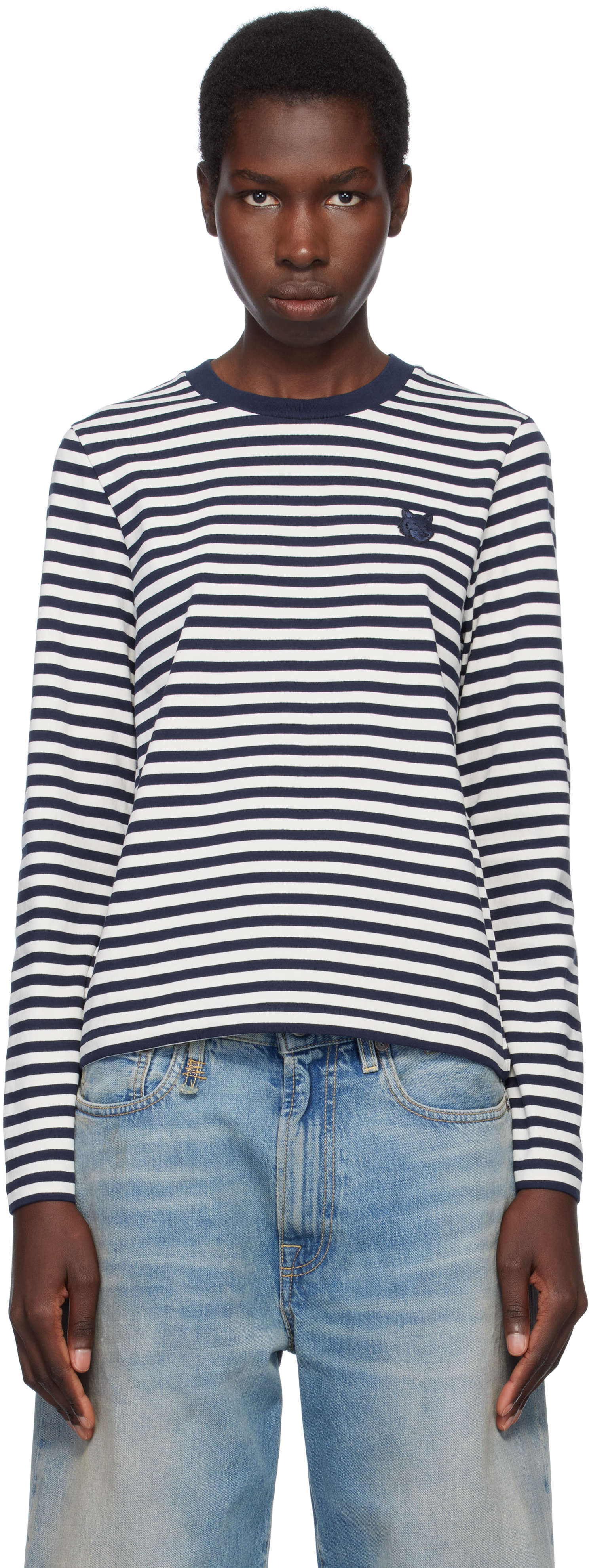 Shop Maison Kitsuné Navy & White Bold Fox Head Patch Multi Stripes T-shirt