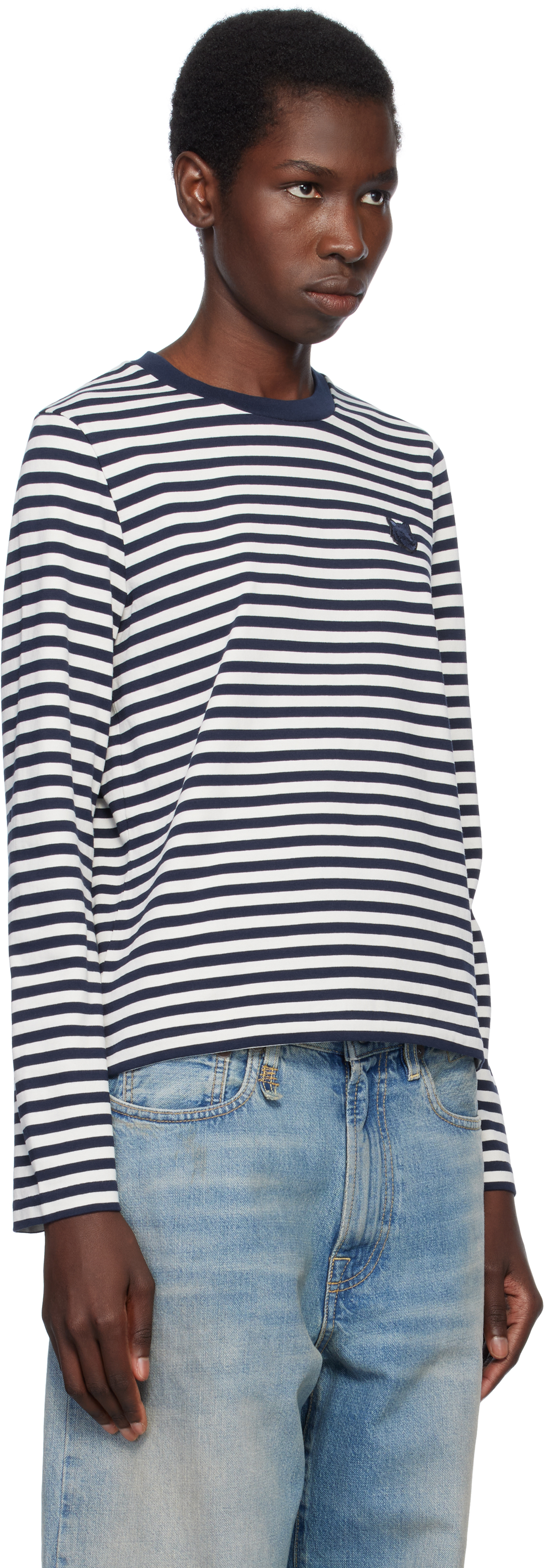 Shop Maison Kitsuné Navy & White Bold Fox Head Patch Multi Stripes T-shirt