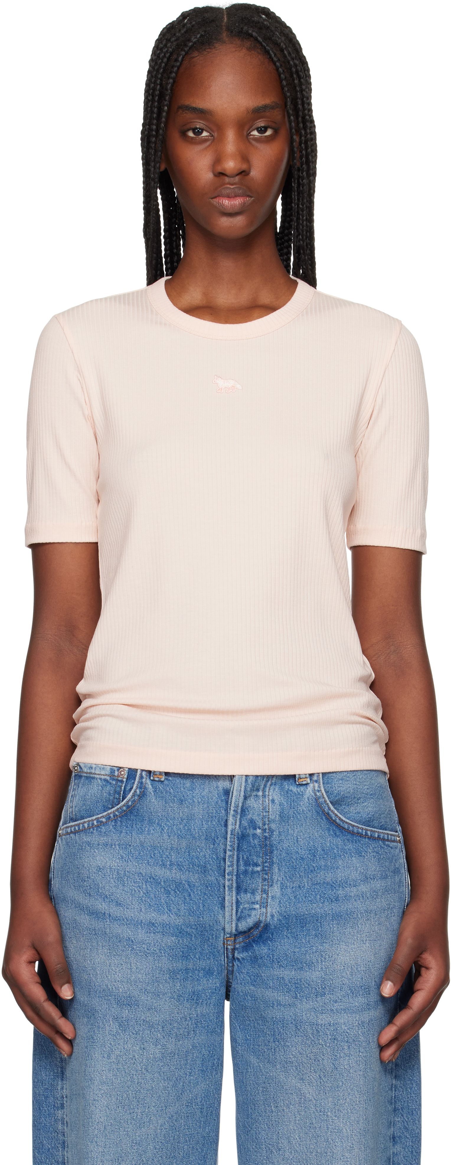 MAISON KITSUNÉ PINK BABY FOX RIBBED FITTED T-SHIRT 