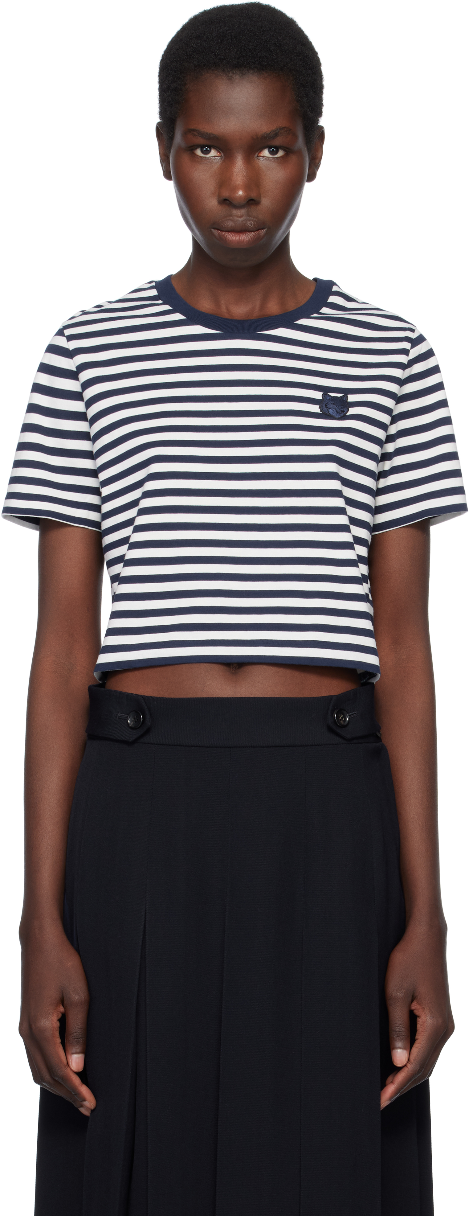 Shop Maison Kitsuné Navy & White Bold Fox Head Patch Multi Stripes Baby T-shirt
