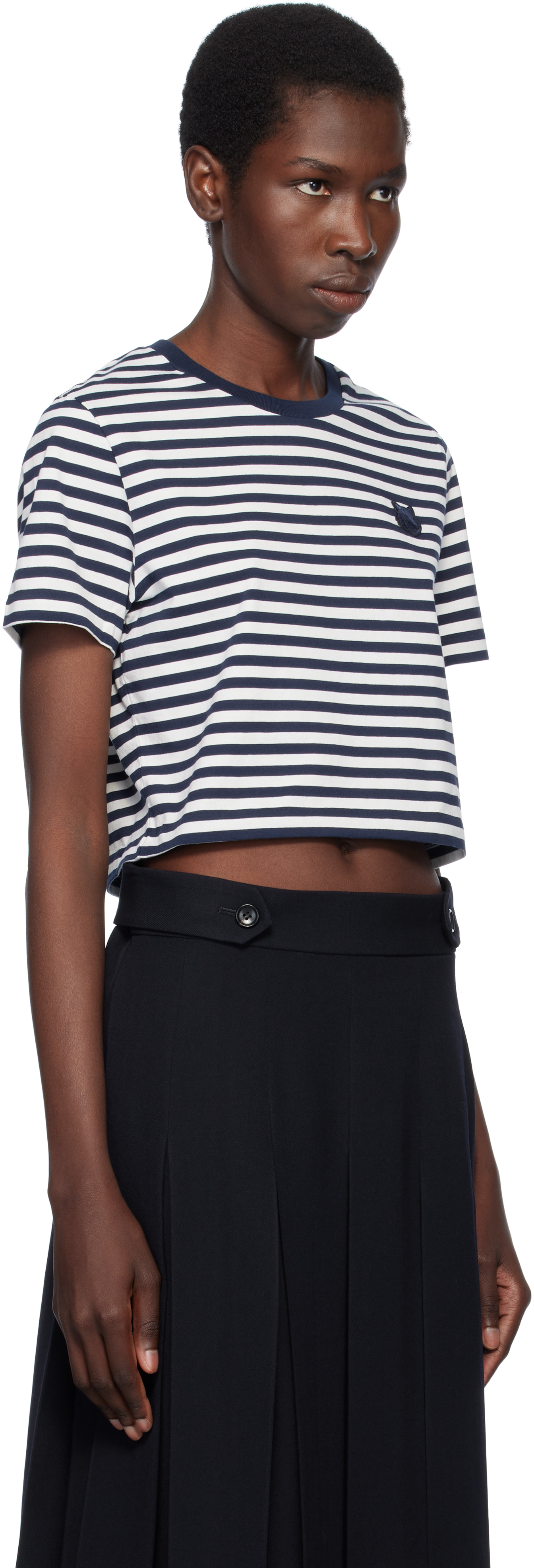 Shop Maison Kitsuné Navy & White Bold Fox Head Patch Multi Stripes Baby T-shirt