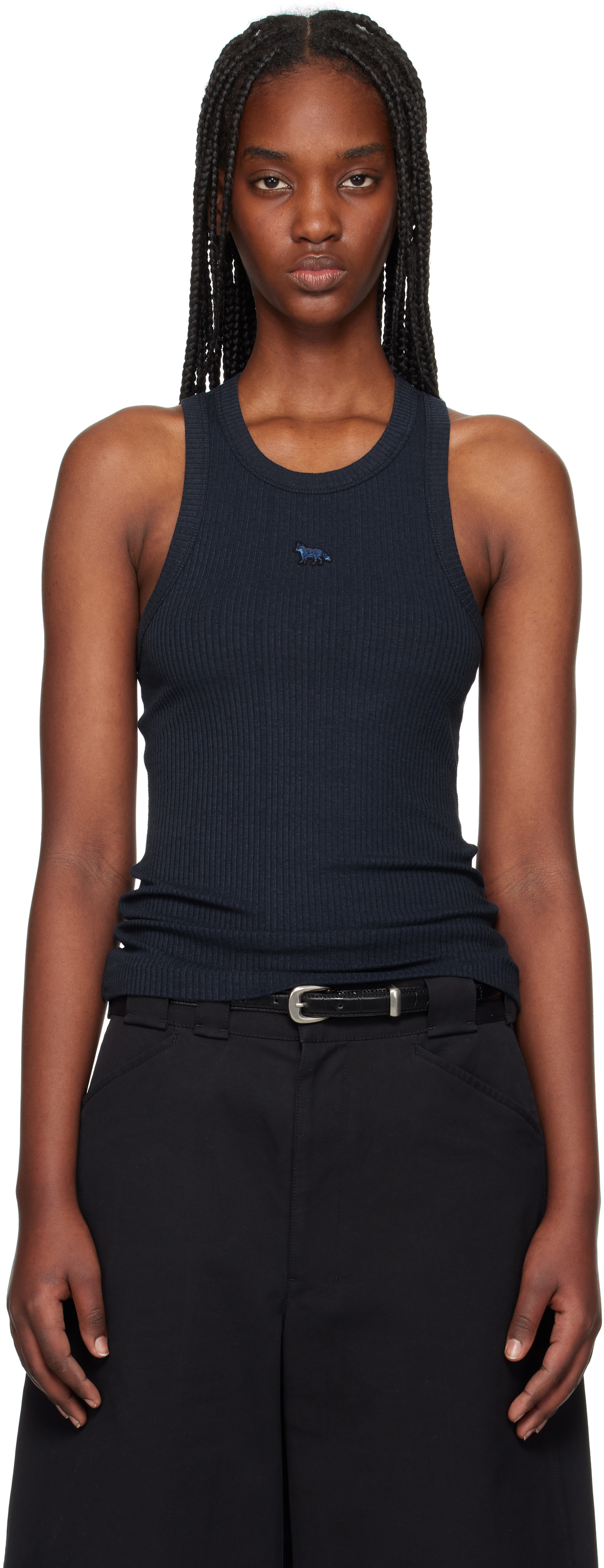 Shop Maison Kitsuné Blue Baby Fox Patch Ribbed Tank Top In P476 Ink Blue