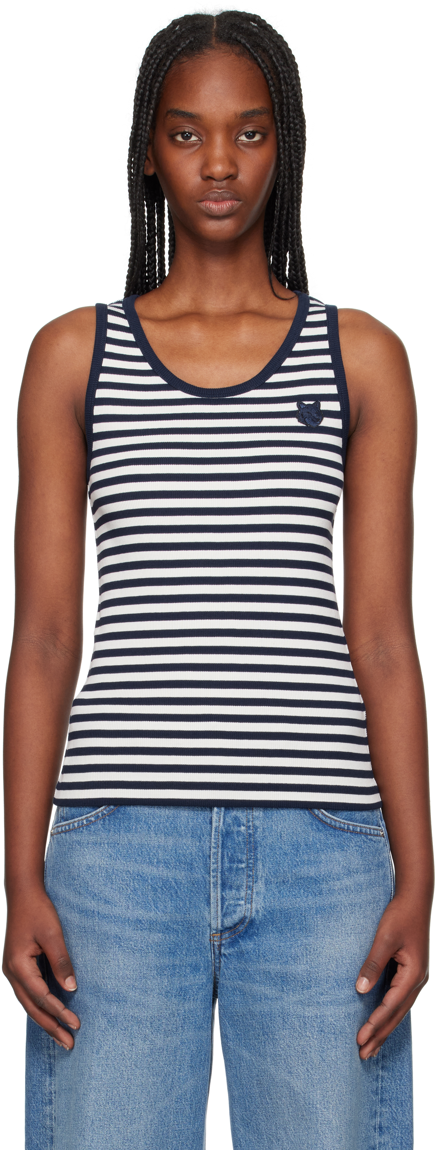 Maison Kitsuné Navy & Off-White Bold Fox Head Patch Multi Stripes Ribbed Tank Top