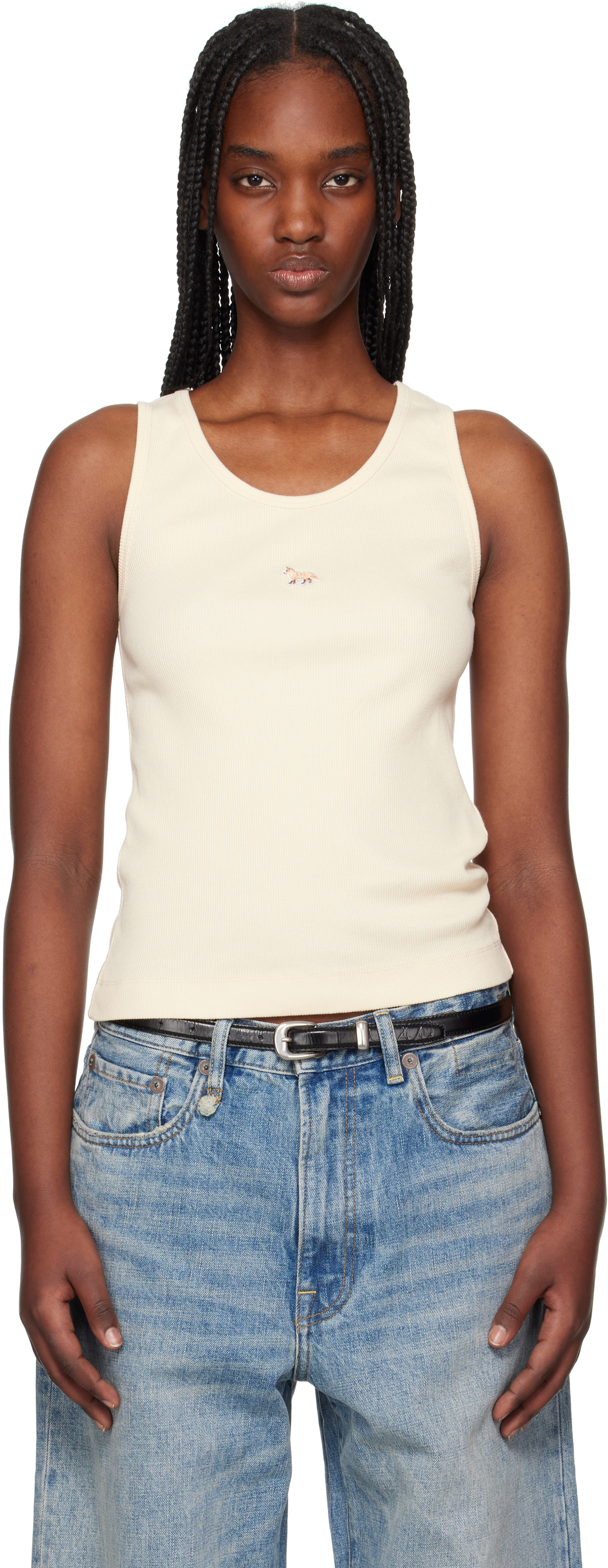 Shop Maison Kitsuné Beige Baby Fox Patch Ribbed Tank Top In 0134 Marble