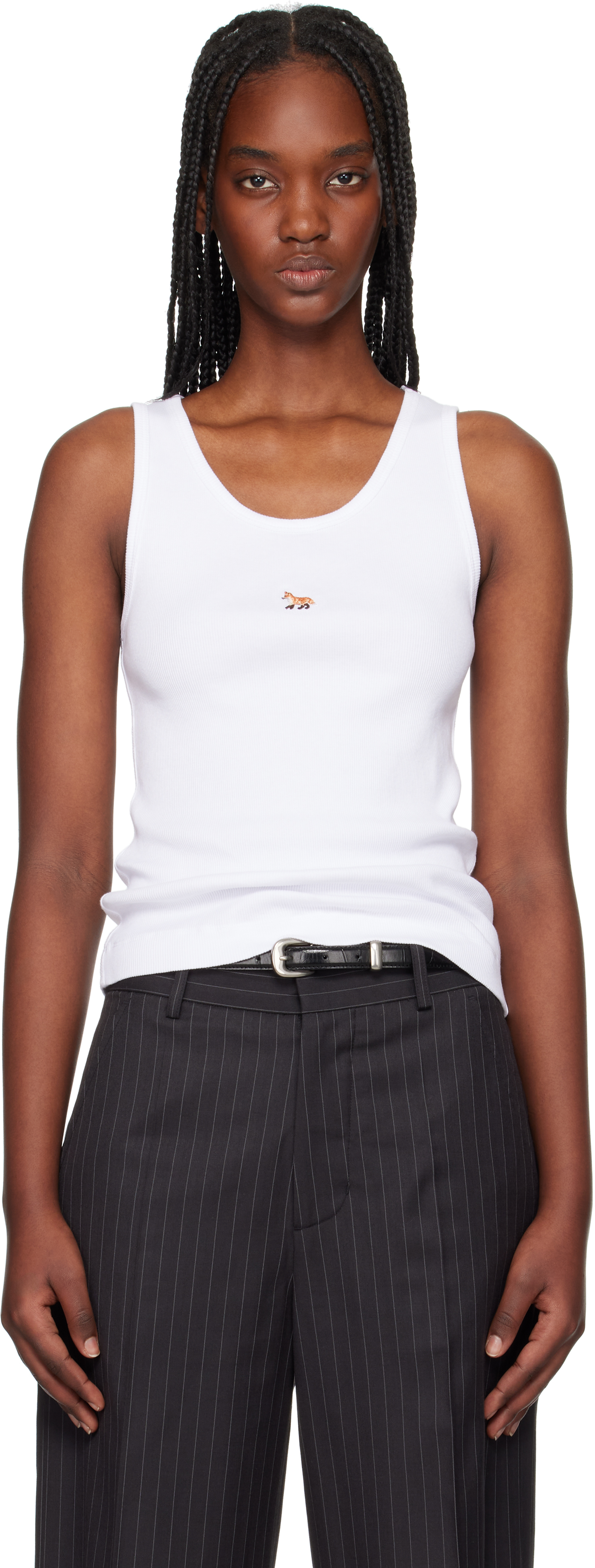 Shop Maison Kitsuné White Baby Fox Ribbed Tank Top In P100 White