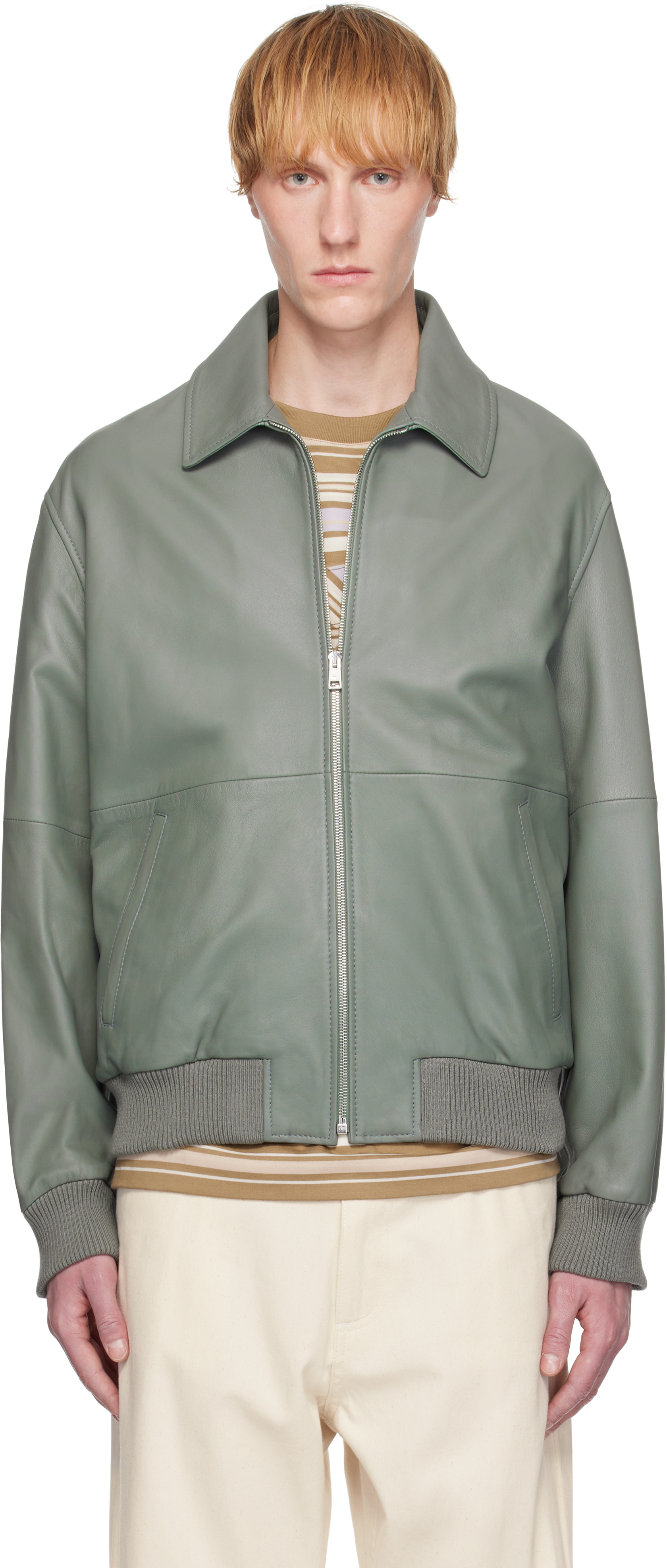 Maison Kitsuné Grey Zipped Leather Bomber Jacket