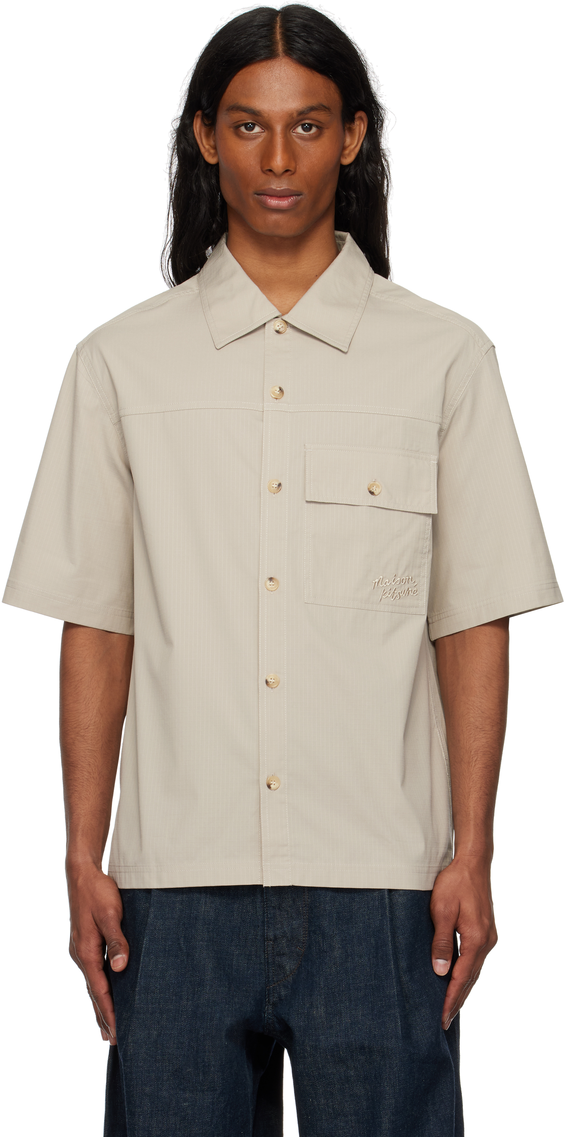 Taupe Short Sleeve Overshirt by Maison Kitsuné on Sale