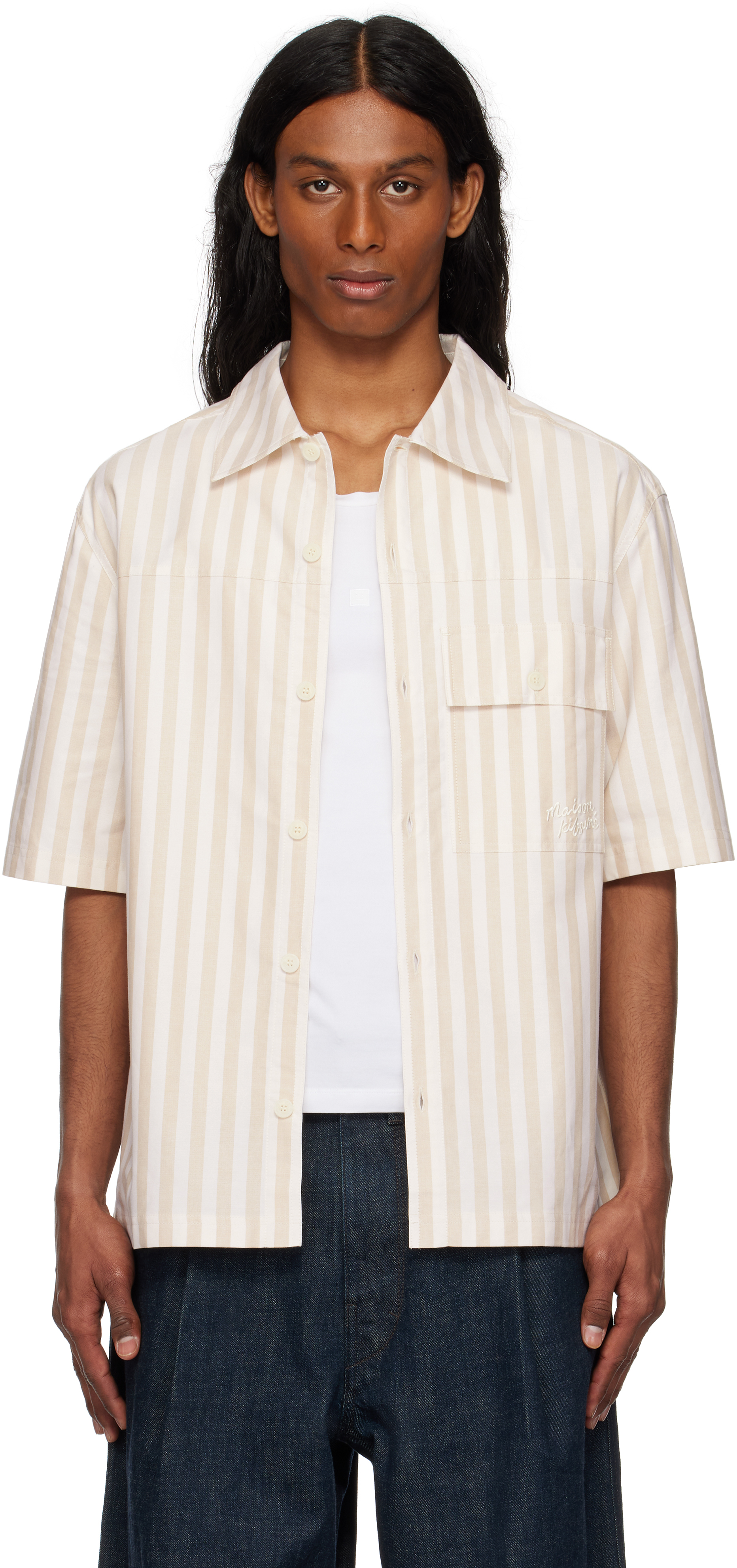 Beige & Off-White Short Sleeve Overshirt by Maison Kitsuné